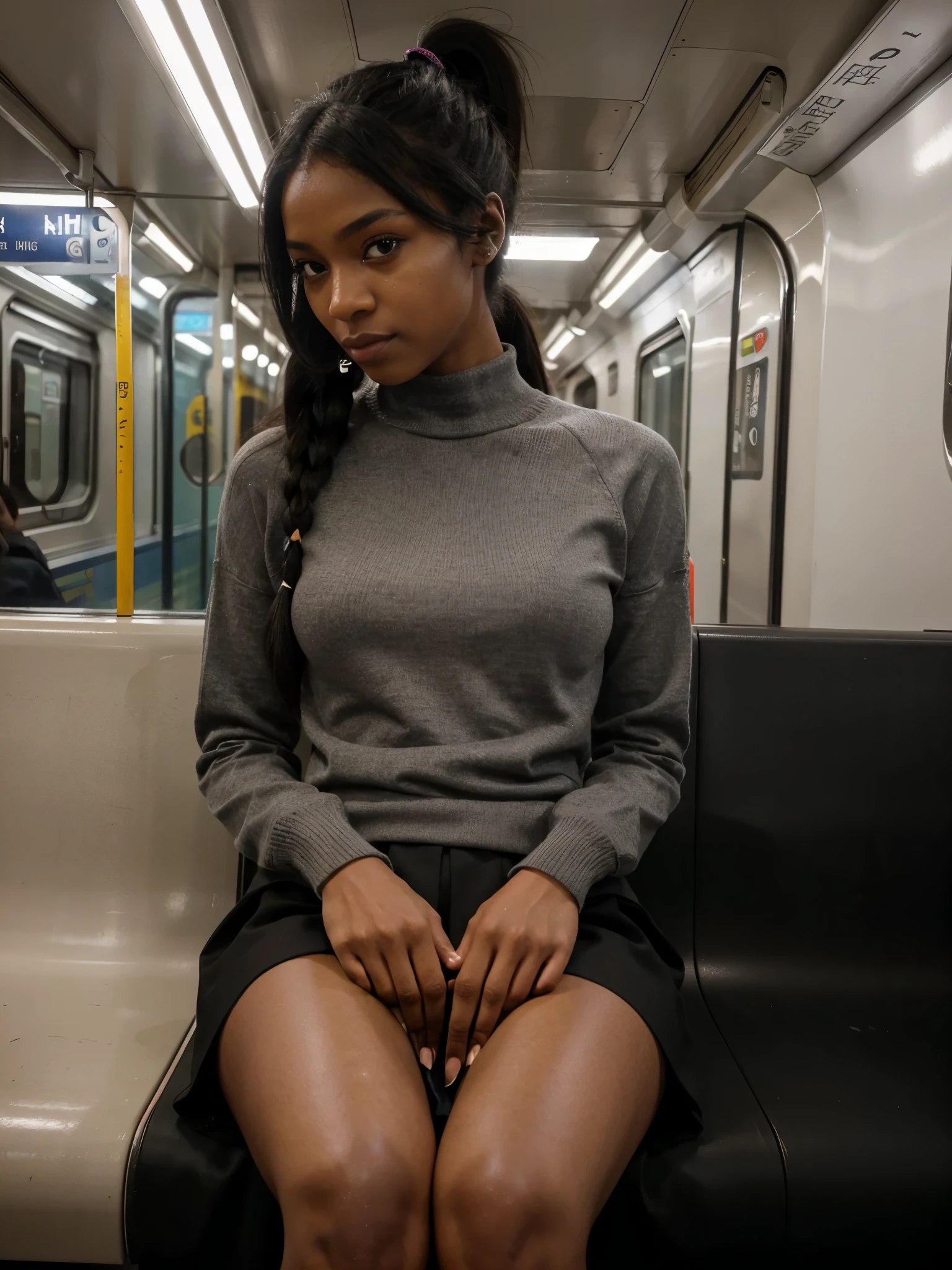 very thin beautiful young naked black girl with dark skin and small naked breasts and dreadlocks sitting naked in a subway