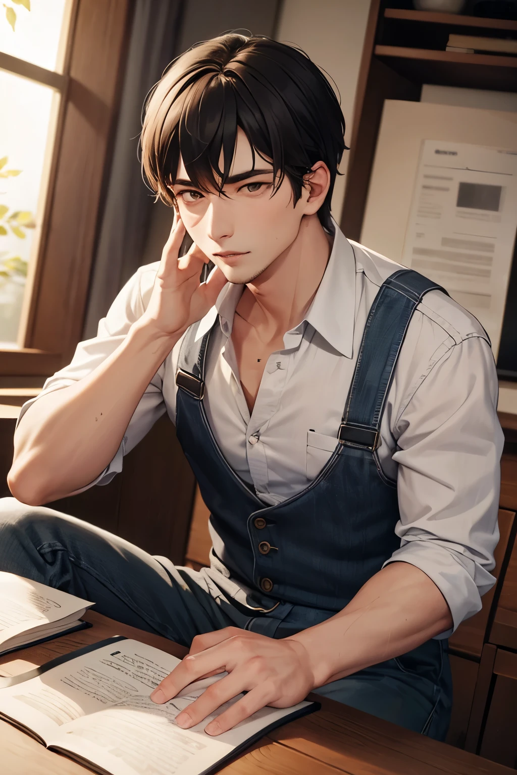 (best quality,4k,8k,highres,masterpiece:1.2),ultra-detailed, (looking at viewer) a young man in casual clothing, smile, indoors next to window, dynamic lighting, detailed, splash colors, close up, modern