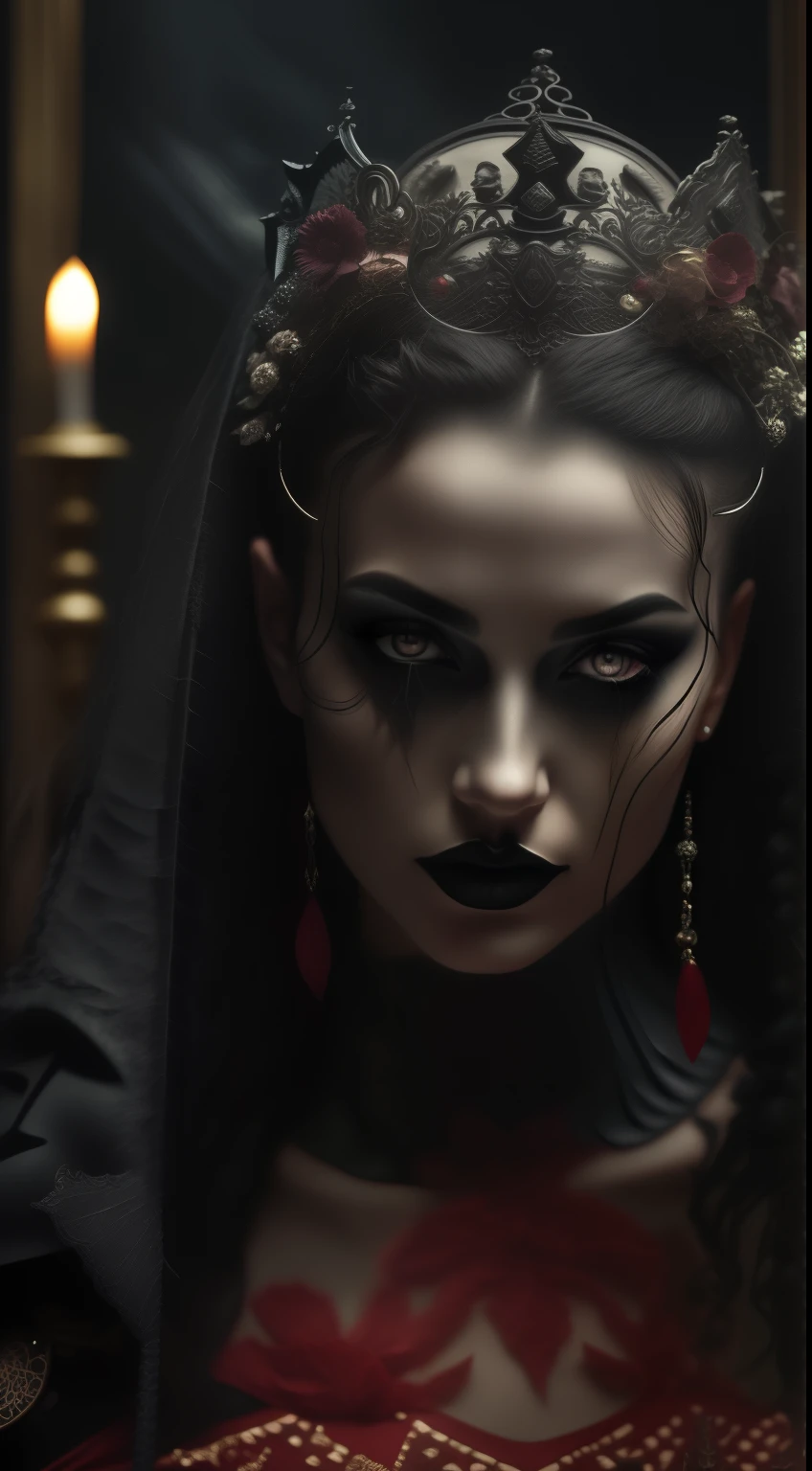 Mujer con un vestido negro con una corona en la cabeza, dark fantasy portrait, portrait of a dark fantasy nymph, close-up of the cinematic goddess., Retrato de una bruja oscura, dark fantasy mixed with realism, gothic princess portrait, dramatic cinematic portrait, Creepy Gothic portrait, Cara linda. dark fantasy, cinematic goddess shot, in style of dark fantasy art