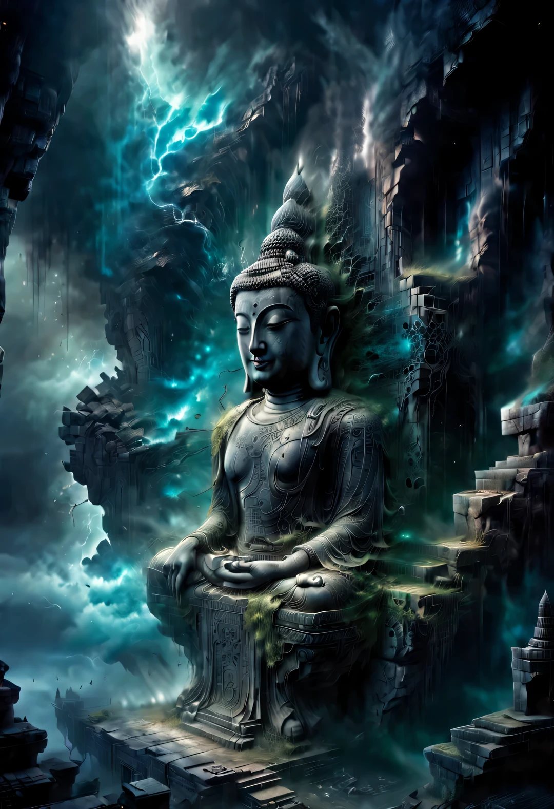 scenography,Very unified CG scenes,(well worn),(Dense fog),light painting style, Beautiful detailed in, Aerial style, Double exposure style, Beautiful detailed , (An ancient and mysterious huge Buddhist door hangs in the ruins,Connecting different time and space,Leads to the sky。.),(Huge Buddha statue)(Buddhism emits blue fluorescence:0.8),Its appearance is dark black,Inlaid with intricate golden patterns,Tangled with thick vines,Give people a kind of solemnity、mystical feeling,There are some ancient symbols carved on the door,It is said to be a spell used to open the door to time and space..,The ruins are a place full of mystery and mystery, (Thick vines can be seen everywhere:0.65),ancient swaying boulders:0.65),(Tall stone walls collapsed into thick green vines),Towering temples and spectacular stone pillars are left only in ruins and desolate scenes., (Stone statues of different shapes are scattered everywhere),background:blue and red lightning