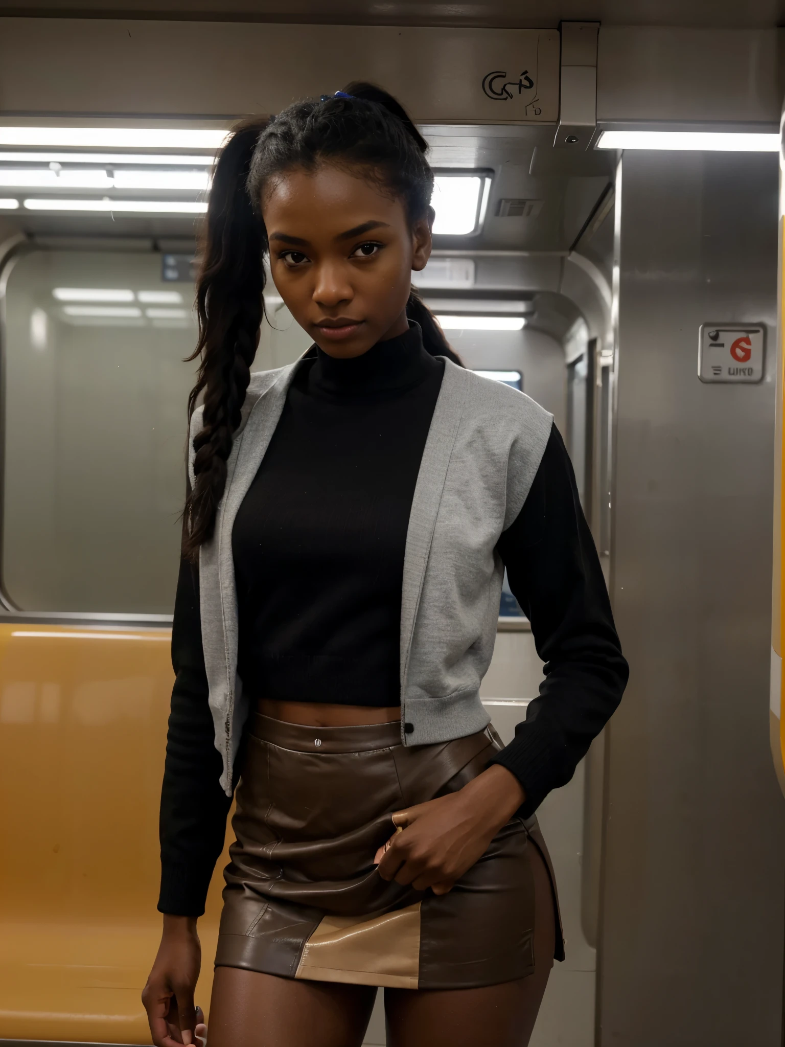 8k, RAW photo, best quality, ultra high resolution, photorealistic, realistic photo of skinny ebony girl in the subway train, (slim ebony girl, dark skin, black hair, ponytail hair), in subway train, (subway train), full body portrait, photo from the side, wearing sweater, sweater, wearing bright lapel, (lapel), wearing school skirt, school skirt, looking at viewer, smirking, (extremely detailed CG unity 8k wallpaper), Sharp focus, dramatic, (bright light)