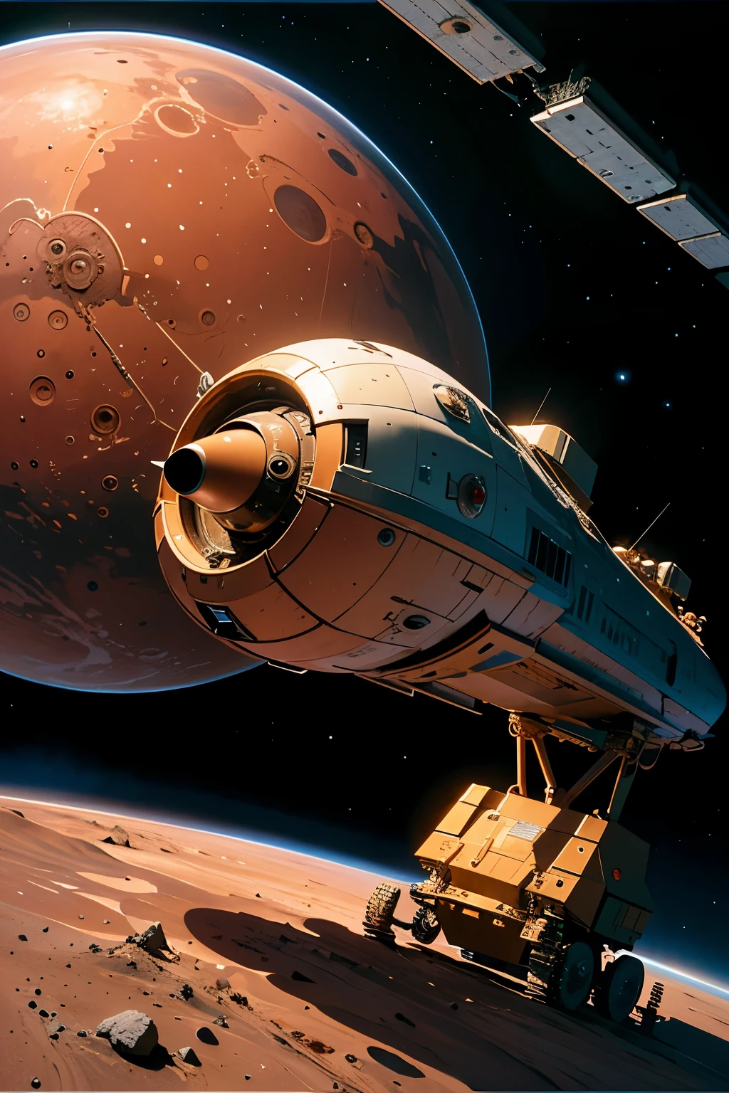 (Masterpiece, Best Quality), Stunning Spaceship Design, Mars-based Spacecraft, Sleek and Streamlined, Red and Metallic Color Scheme, Highly Detailed Surface Texture, Ultra-high Resolution, Distinctive Landing Legs, Realistic Depiction of Mars' Rocks and Dunes, Lights Illuminating the Surrounding Area, Glowing Red Port Lights, Vibrant Control Panels, Intricately Designed Engine, Detailed Cockpit Area, Photorealistic Images of Mars In The Background, Ultra-Fine Description of Spaceship's Materials and Textures, Animated, Illustrative. (