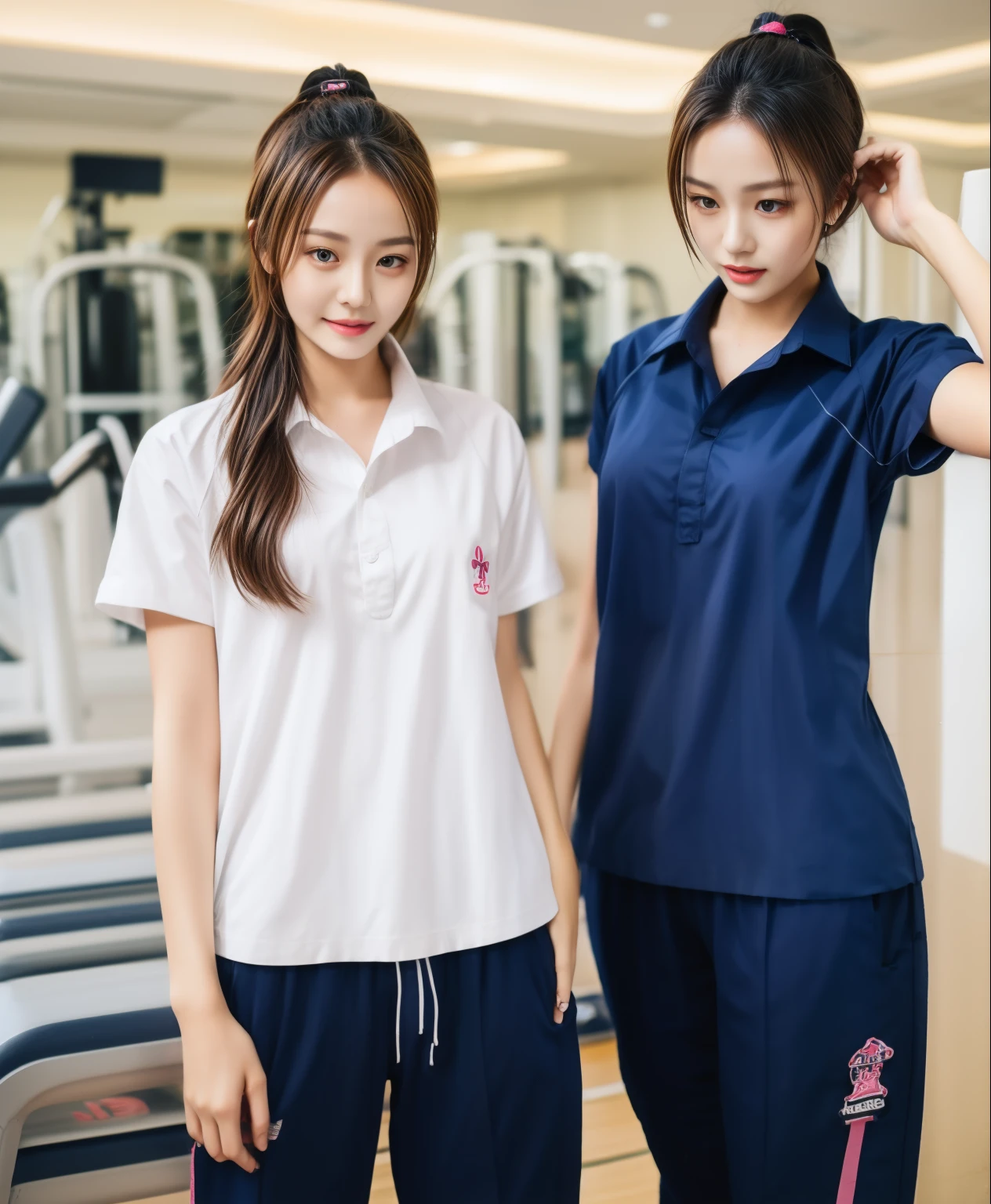 2 girls in fitness center, Navy blue short-sleeved shirt,Navy Long Trackpant,Sweatpants, Sweatpantsขายาว,25 year old girl, lesbian, sexy, exercise clothes, wet body, exercise clothes