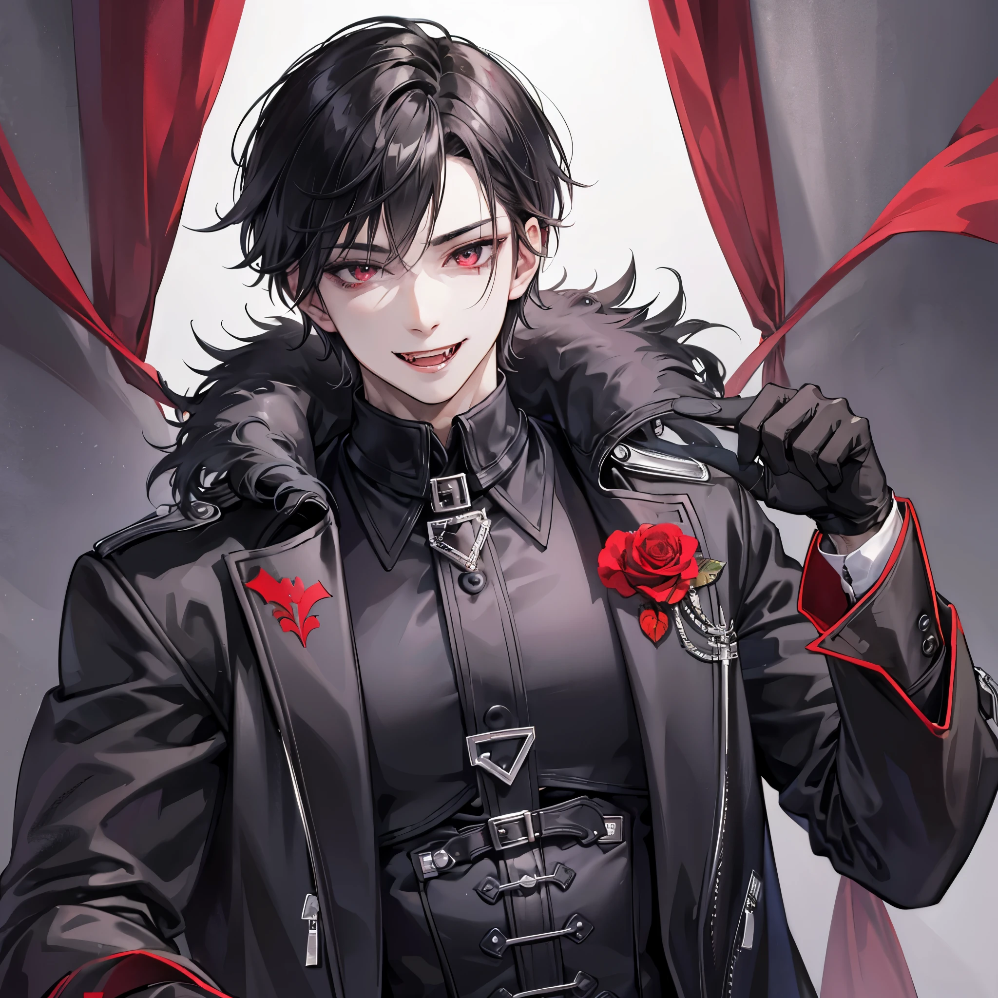 One Handsome male vampire, similing with fangs, with goth black leather clothes, handsome happy face, short hair, flirty face smile