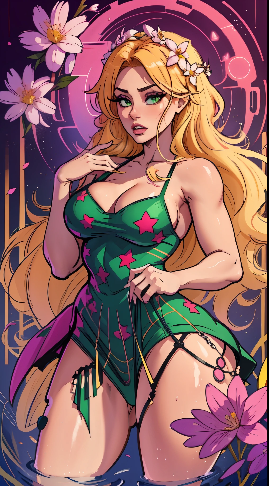(absurdres, highres, ultra detailed), 1girl, mature female, wavy blonde hair, long hair, blunt bangs, green eyes, pink dress, finely detailed eyes and detailed face, extremely detailed CG unity 8k wallpaper, intricate details, BREAK , kaleidoscopic imagery, symmetrical patterns, vibrant colors, geometric shapes, mesmerizing designs, optical illusions, dynamic composition BREAK , pantomime art, expressive body language, silent storytelling, evocative gestures, visual narratives, theatrical performances BREAK , blooming flowers, colorful petals, fragrant scents, nature's bounty, vibrant gardens, peaceful scenery