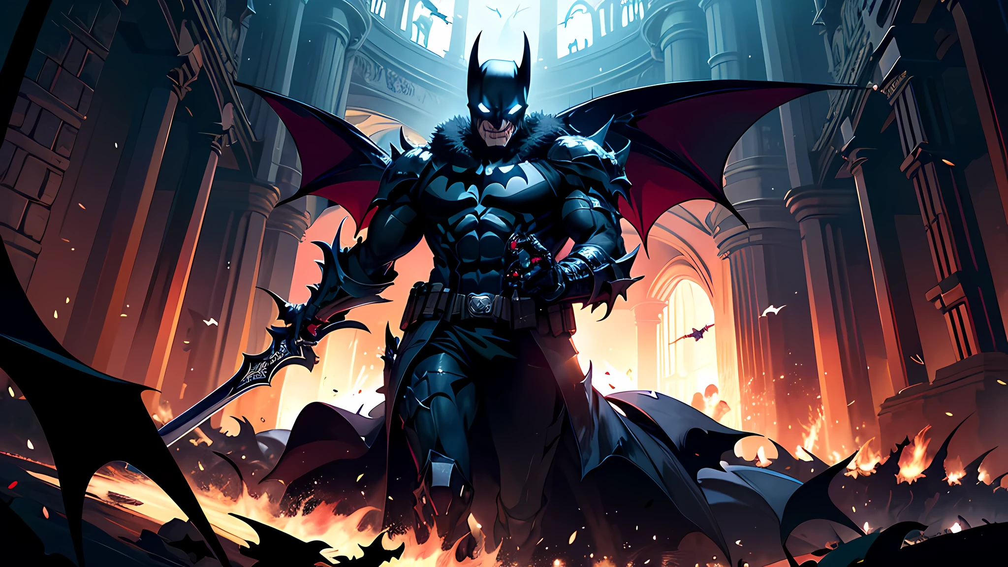 (absurdres, highres, ultra detailed),(Masterpiece, best quality:1.2),1 man,dark knight,raid boss, surrounded by darkness, holding a venom longsword, dungeon,dark,fire, bats flying. Batman was being controlled by dark Power and start attacking his teammates.