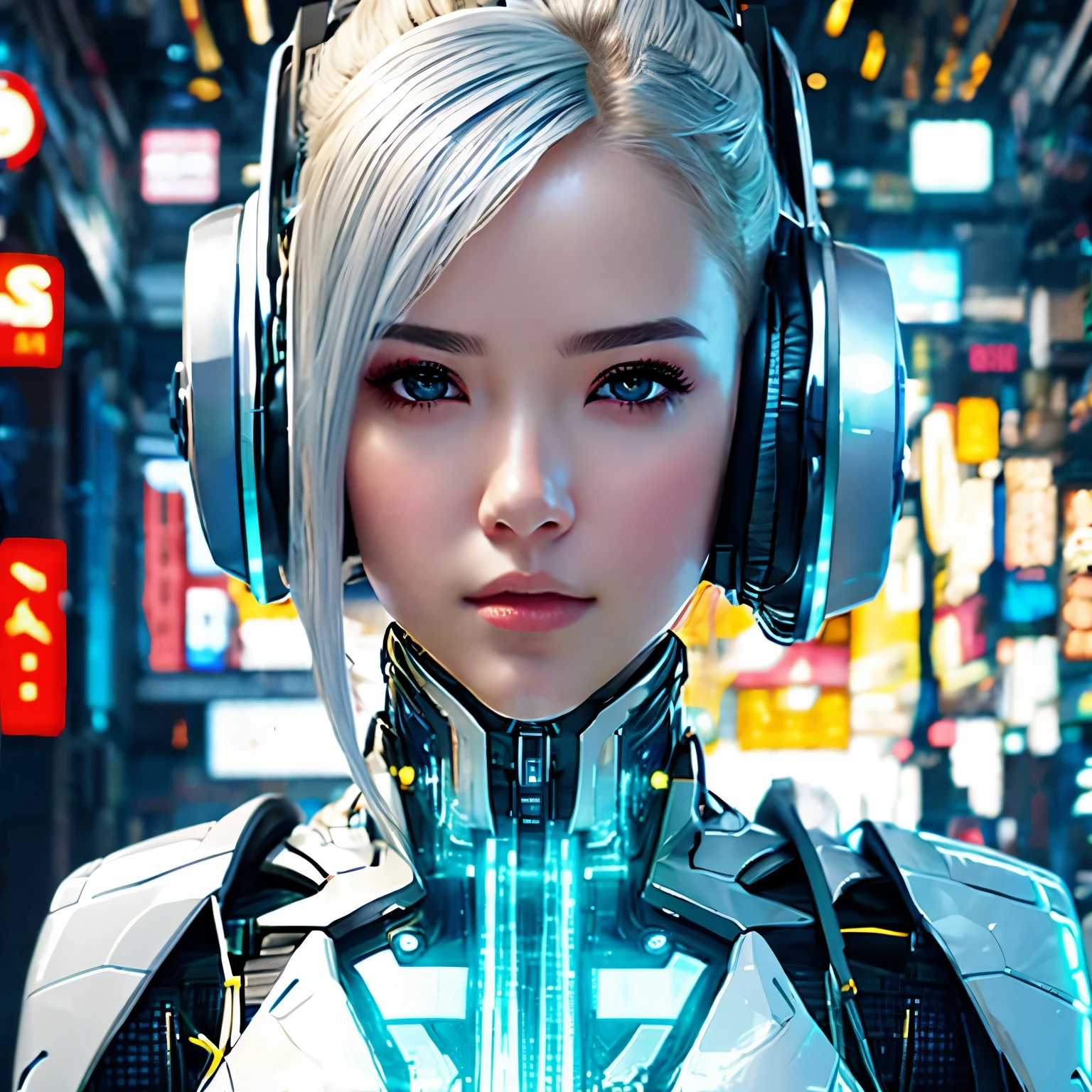 a close up of a woman with headphones on and a futuristic suit, cyberpunk art inspired by Marek Okon, cgsociety contest winner, digital art, beutiful white girl cyborg, beutiful girl cyborg, cyborg - girl with silver hair, perfect android girl, cute cyborg girl, cyborg - girl, cyborg girl, beautiful female android, beautiful android woman, beautiful cyborg girl