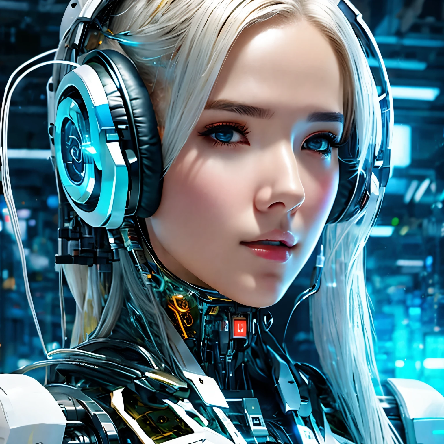 a close up of a woman with headphones on and a futuristic suit, cyberpunk art inspired by Marek Okon, cgsociety contest winner, digital art, beutiful white girl cyborg, beutiful girl cyborg, cyborg - girl with silver hair, perfect android girl, cute cyborg girl, cyborg - girl, cyborg girl, beautiful female android, beautiful android woman, beautiful cyborg girl