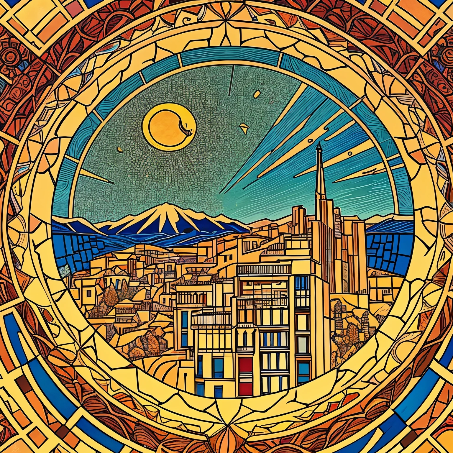 line art, illustration, a city view, Antonio Gaudi style, A big sun on the sky, great mountains nearby,