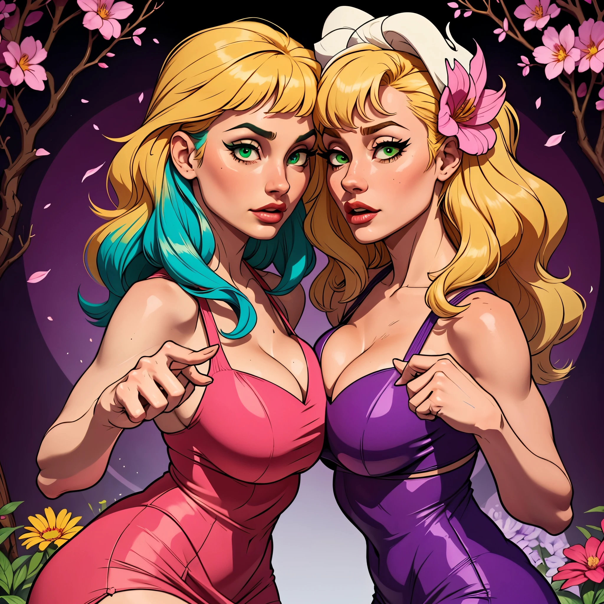 (absurdres, highres, ultra detailed), 1girl, mature female, wavy blonde hair, long hair, blunt bangs, green eyes, pink dress, finely detailed eyes and detailed face, extremely detailed CG unity 8k wallpaper, intricate details, BREAK , kaleidoscopic imagery, symmetrical patterns, vibrant colors, geometric shapes, mesmerizing designs, optical illusions, dynamic composition BREAK , pantomime art, expressive body language, silent storytelling, evocative gestures, visual narratives, theatrical performances BREAK , blooming flowers, colorful petals, fragrant scents, nature's bounty, vibrant gardens, peaceful scenery