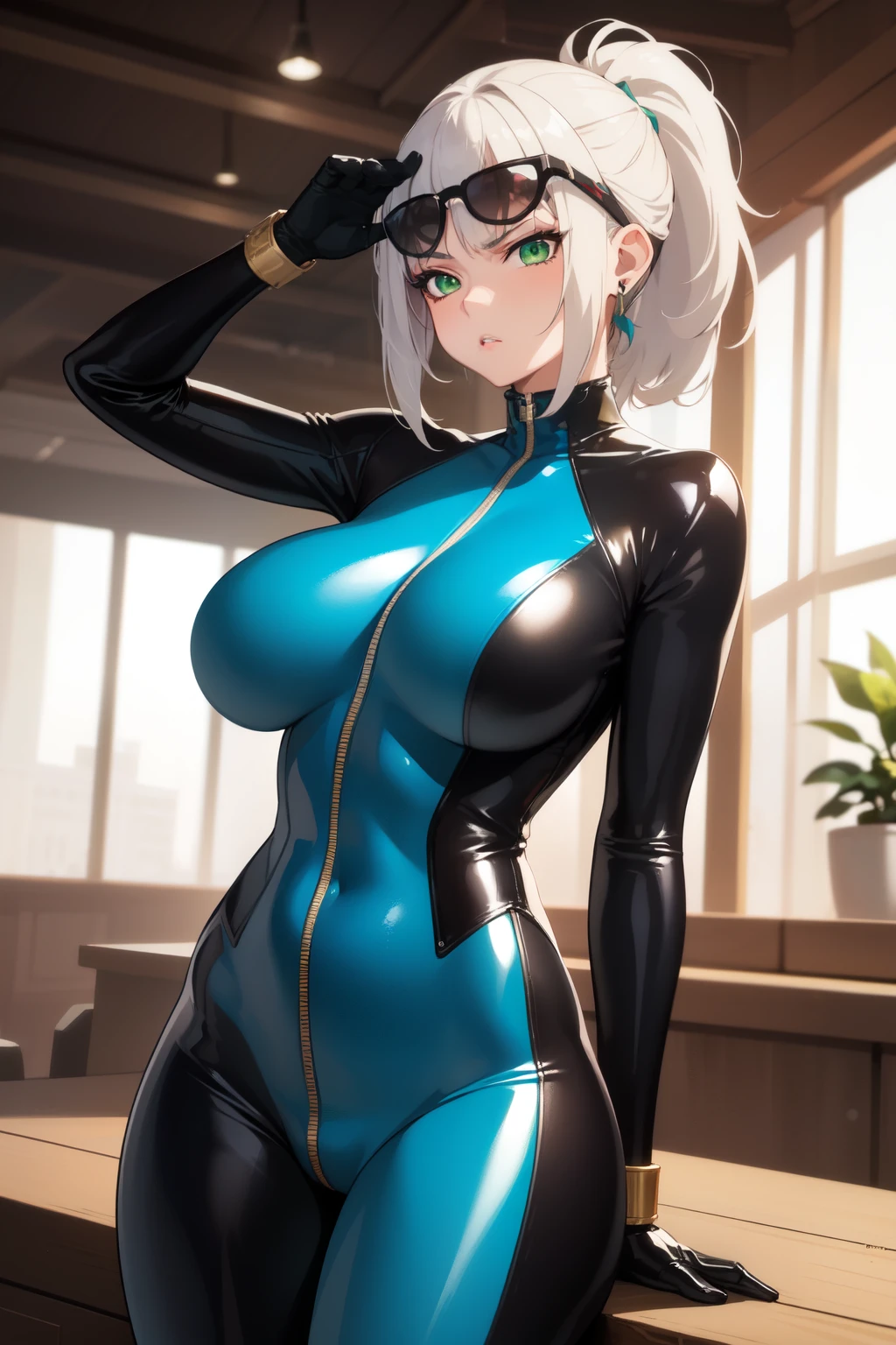 ((best quality)), ((masterpiece)), (detailed), perfect face, anime girl, white hair, vibrant green eyes, wild ponytail, short hair, badass pose, annoyed expression, sunglasses on head, mature, adult, older, catsuit, detailed background, single ponytail, makeup, glossy lips, big breasts, thick thighs