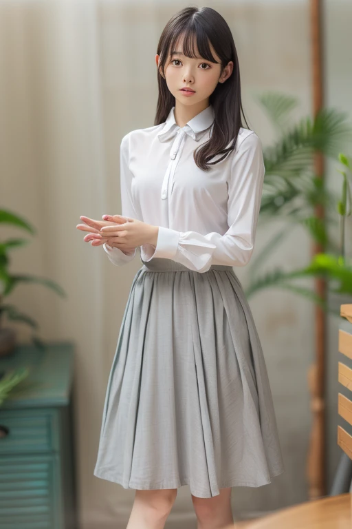 (lower your arms)、(Lower hands)、master piece、highest quality、High definition、Are standing、blouse、skirt、、((Contrasting eyes))、bangs、room、indoor