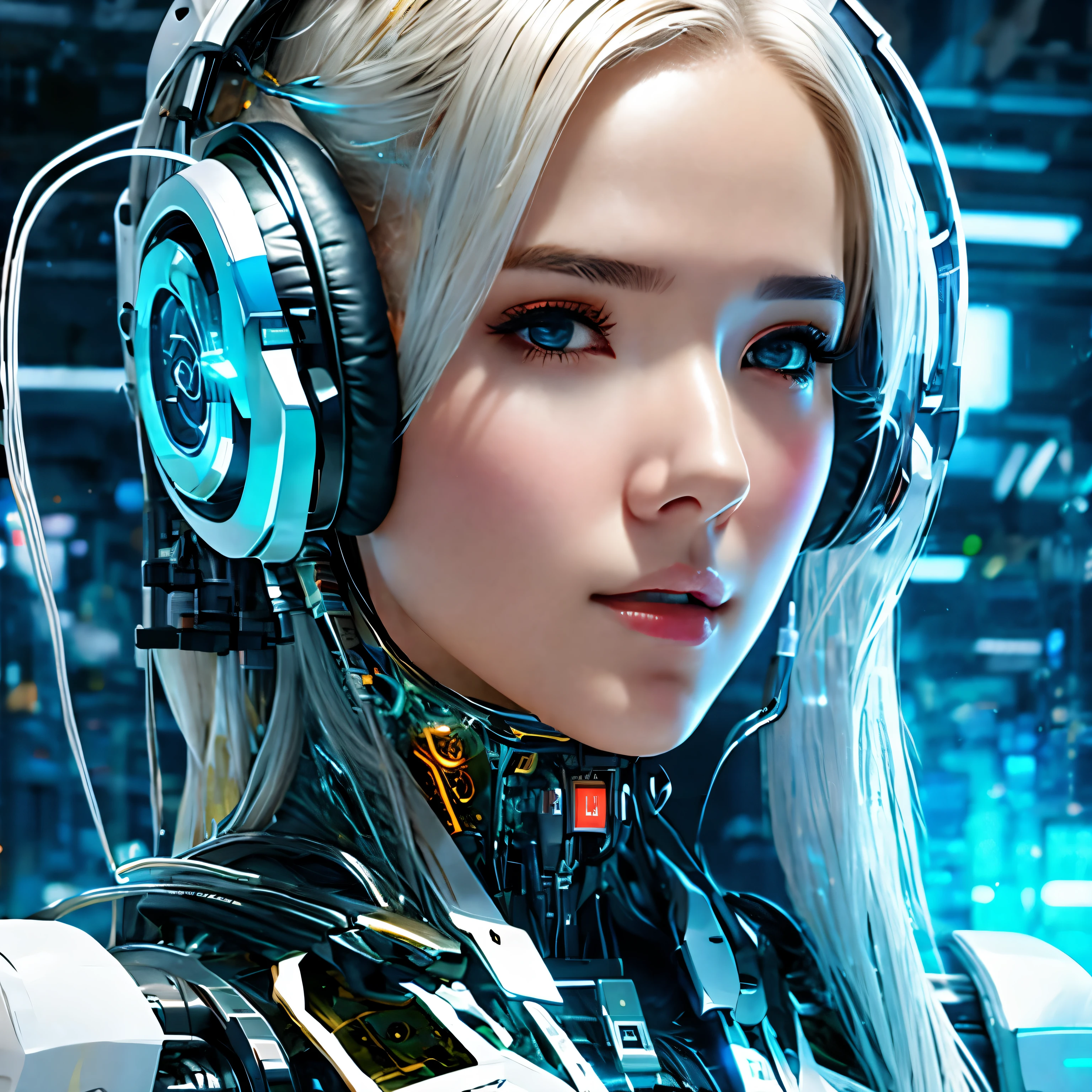 a close up of a woman with headphones on and a futuristic suit, cyberpunk art inspired by Marek Okon, cgsociety contest winner, digital art, beutiful white girl cyborg, beutiful girl cyborg, cyborg - girl with silver hair, perfect android girl, cute cyborg girl, cyborg - girl, cyborg girl, beautiful female android, beautiful android woman, beautiful cyborg girl