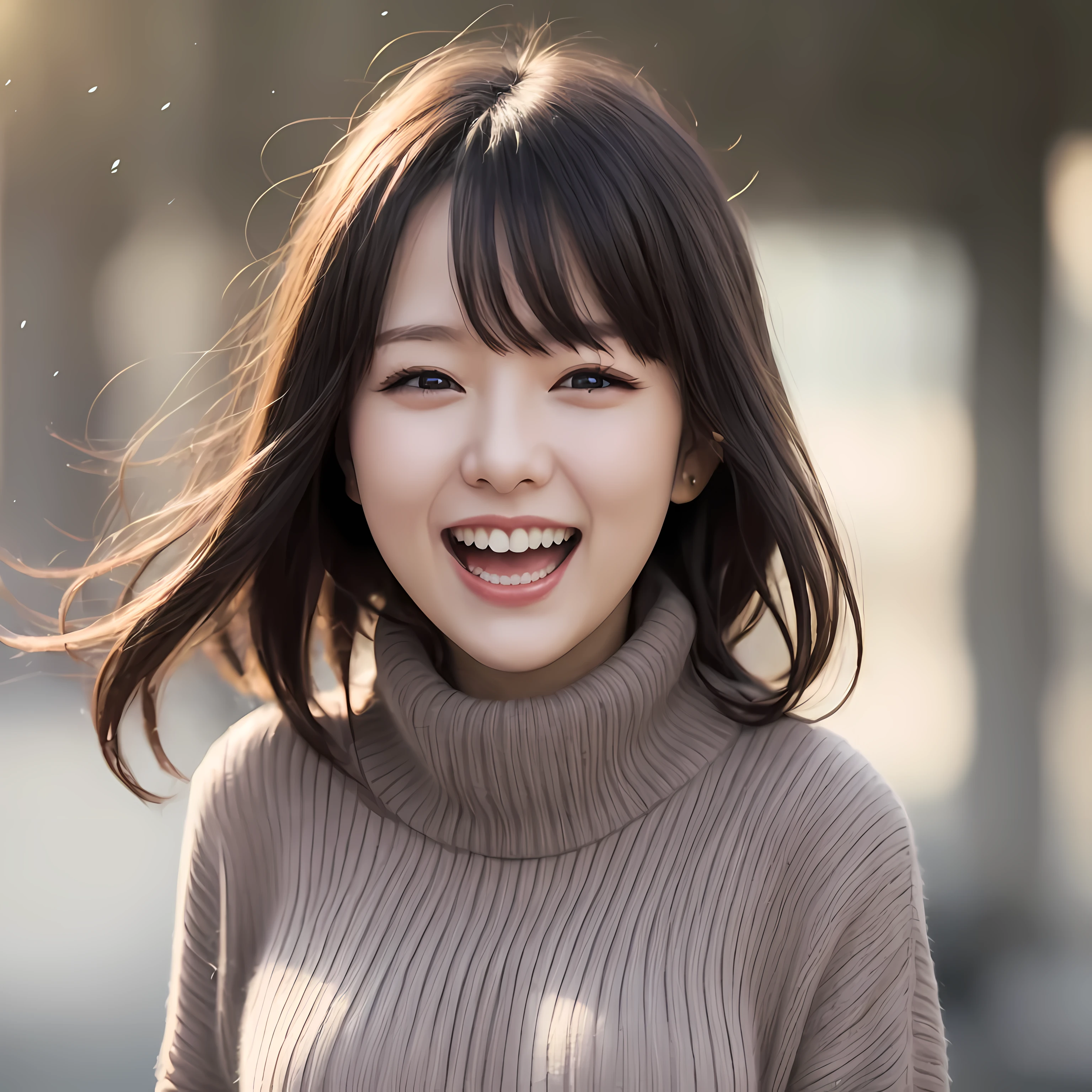 a girl, cosy sweater on, upper body, (huge Laughing:1.1), (open mouth:1.1), (wide open eyes:1.2), sun glare, bokeh, depth of field, blurry background, light particles, strong wind, (heart particles:1.1)