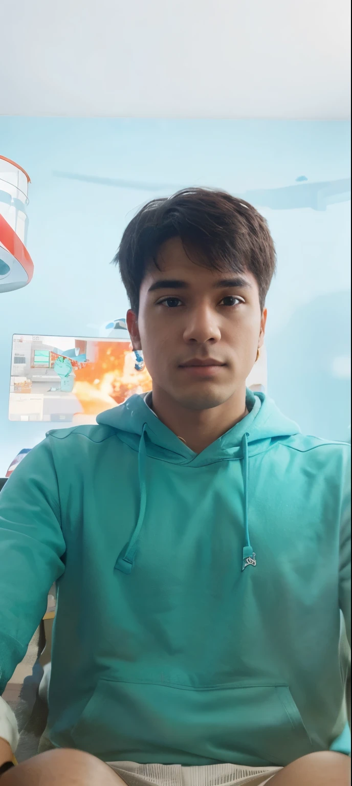 Create an ai avatar in sky blue hoodie sitting in a gaming chair with gaming room in background 