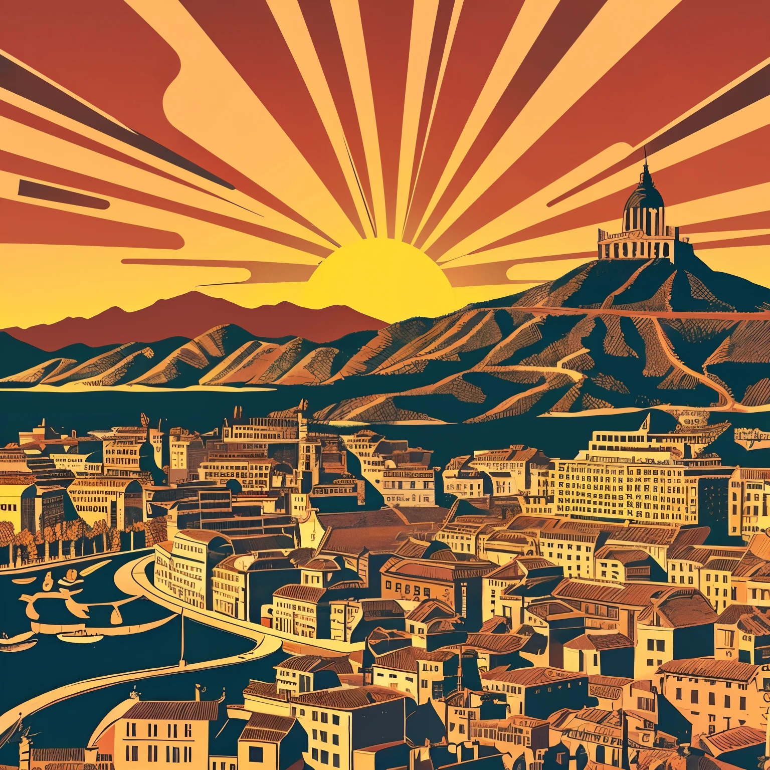 line art, illustration, a city view, Salvador Dali style, A big sun on the sky, great mountains nearby,