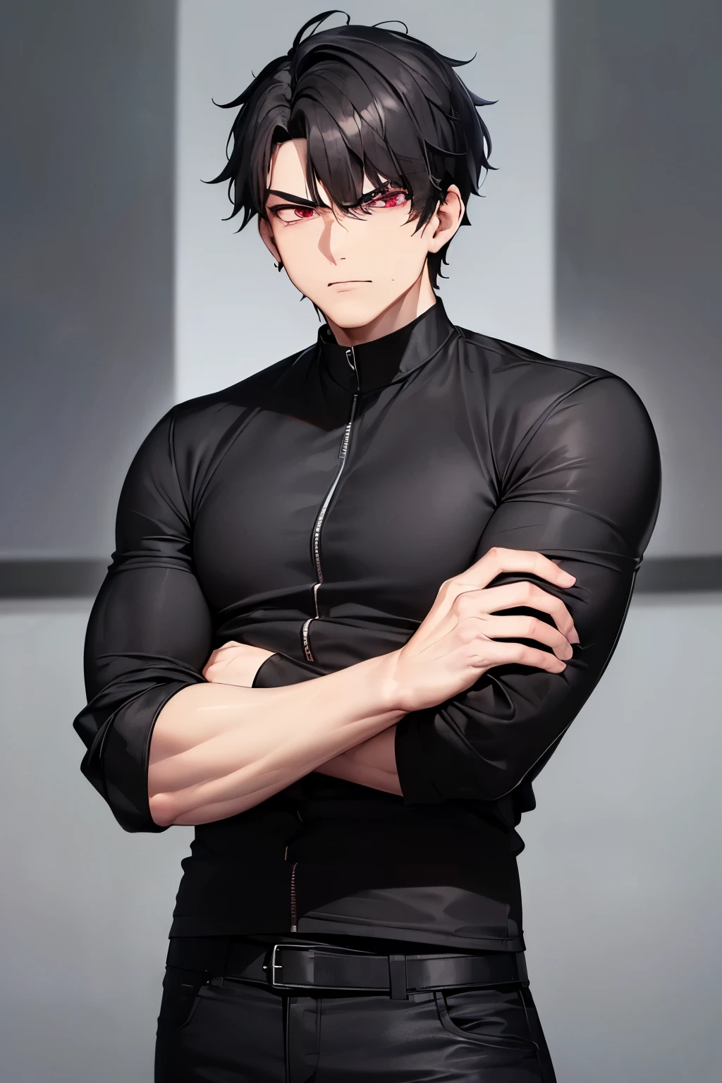 (Best quality, 4k, Masterpiece :1.3, 8k, ultra-detailed, ultra-masterpiece), man, ultra-detailed face, detailed lips, full lips, detailed eyes, double eyelid, wide hips, thick thighs, smooth skin, ((black short hair)), ((red eyes)), tall, black shirt with black long jeans, Dominant Look, (Looking at you angrily), ((((black shirt)))) + ((((black long jacket)))), man, strong boy, (((Man))), ((Contemptuous look, spiteful boy)) + ((Gym, working out, strong))