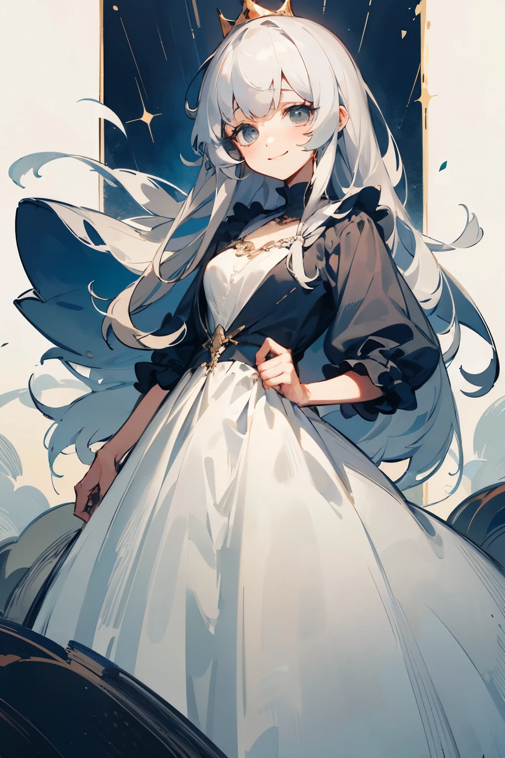 gray hair,long hair,Princess,dress,beautiful,droopy round eyes,Pitiful,smile,1 person