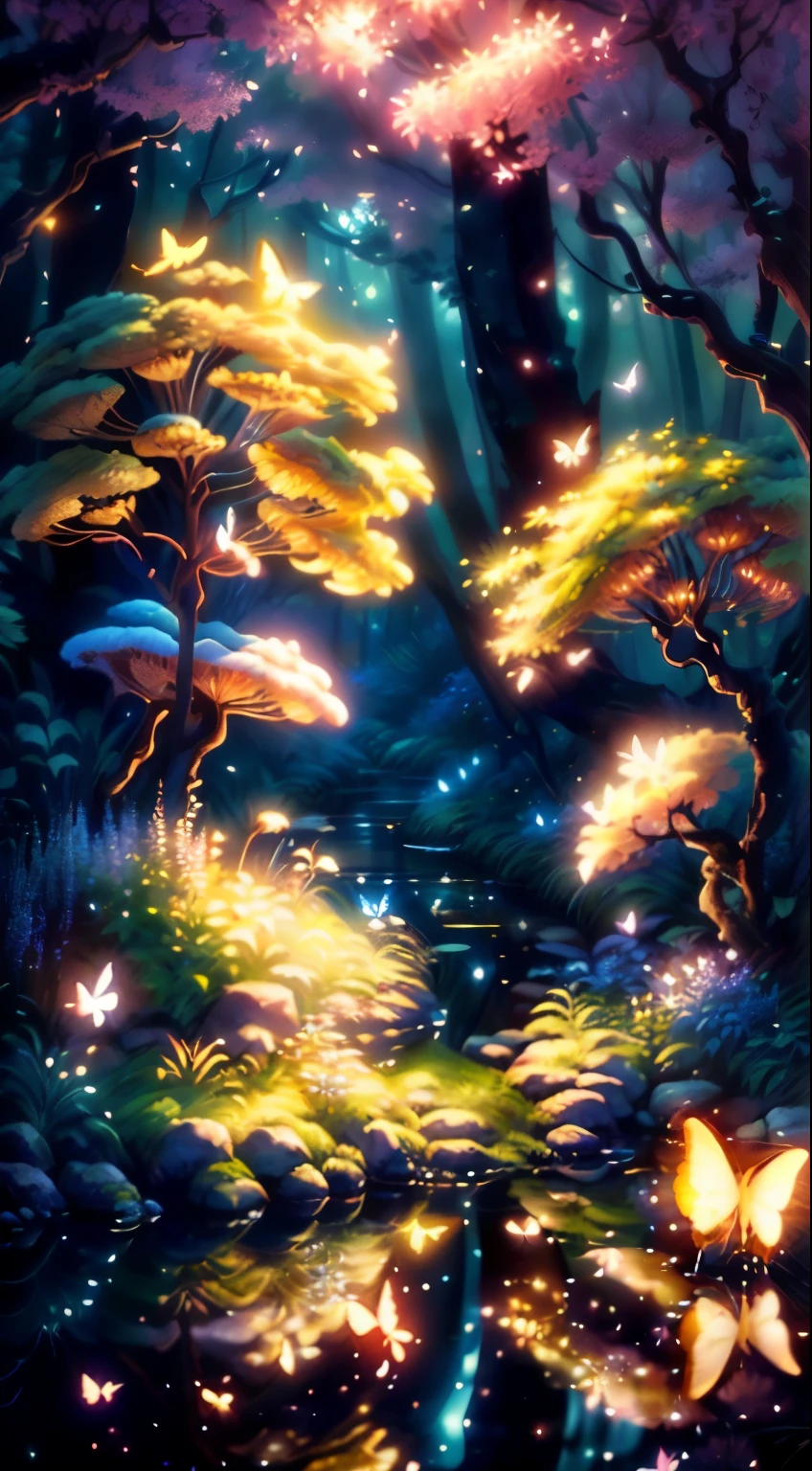 A masterpiece, the best quality, stunning reflections, the best reflections ever. (very detailed CG unity 8k wallpapers), (best quality), (best illustrations), (best shadows), forest theme with natural elements. Tall trees, quiet streams, small glowing mushrooms surrounded by delicate leaves and branches, with fireflies and glowing particle effects,, (natural elements), (jungle theme), (leaves), (twigs), (fireflies), butterflies, (delicate leaves), (glow), (particle effects). , Isometric 3D, Octane Rendering, Ray Traced, Super Detailed