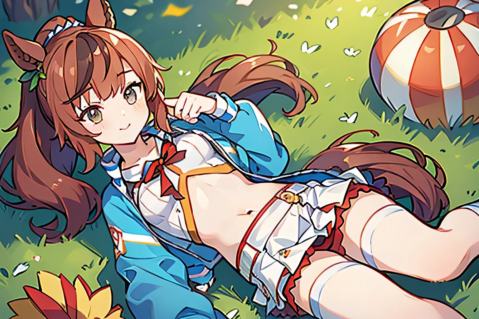 There is only one person Highest image quality High resolution big chest smile outdoor sunny sit Landscape mini skirt close your mouth Cheer cheer ponytail cheerleader Cheerleader
