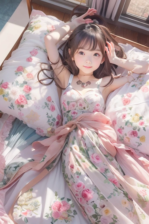 Masterpiece, top quality, highly detailed, dress, alone, ((contrasting eyes)), lying down, arms raised, armpits, from above, Japanese, smiling, bedroom