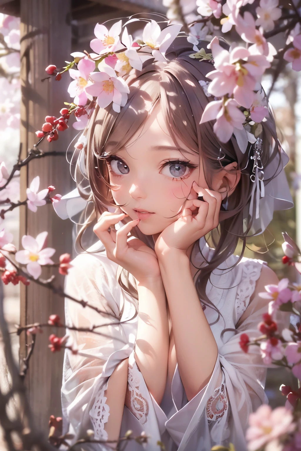 highest quality、masterpiece、Super detailed、ultra high resolution、slender、medium bust、(whole body:1.2)、High definition background、realistic eyes、blurred background、(very detailed face and eyes、beautiful face、super detailed skin、Fine skin texture:1.3)、Japan veranda、shoji、Spring landscape、
