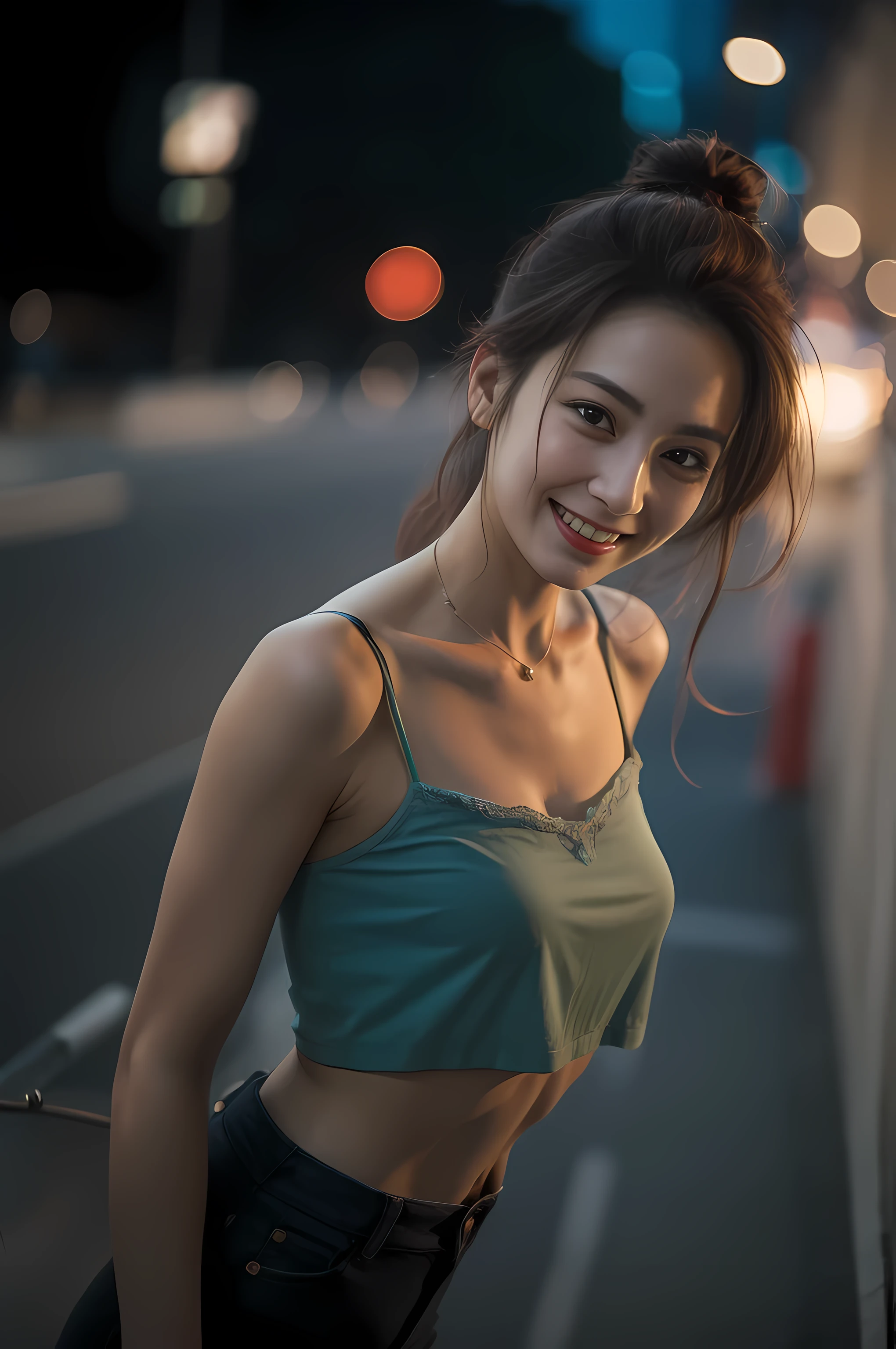 1 woman, idol, Model, depth of field, painting, movie, face, thin, laugh, clavicle, this, movie, Camisole, selfie, night,