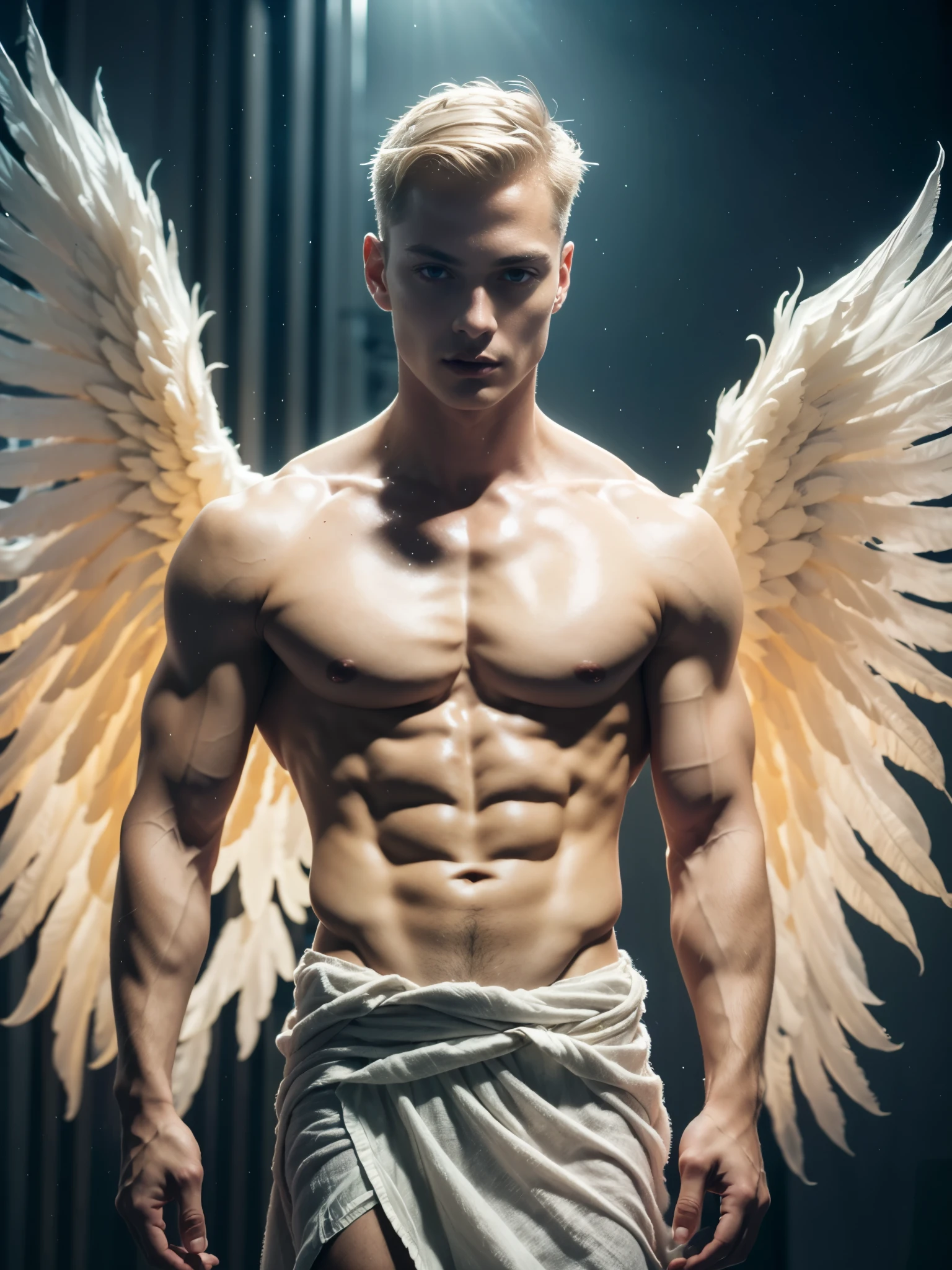 Photorealistic, ((best quality)), ((masterpiece)), (detailed), masculine portrait of young angel , 18-year-old male models, handsome, tall, cute looking, cute look, sweet look, powerful, young male, handsome model, clean shave, silver eyes. (blond:1.5), short curly messy blond hair, messy curly hair, short hair, super strong, muscular, fit, massive muscles, six pack, (shirtless:1.8), barechested, half-naked, topless, muscle, ripped, strong body, fit body, great chest, amazing arms, (massive maggestic angel wings:1.4), (angelic halo :1.4), (linen draped cloth skirt:1.4), heaven gates in the background, (Dark background:1.3) 8k, high detailed, ultra-detailed, Stylish Pose, real skin texture, dark cinematic lighting