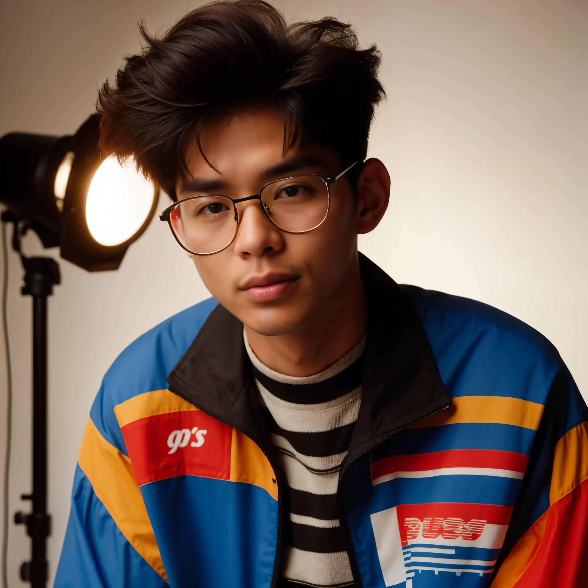 A 20-year-old Indonesian man with comma hair, wearing glasses, dressed in 90s-style clothing, resembling a model, sits on a long chair while smoking a cigarette. The background is black, captured in a realistic photography style in a photo studio.