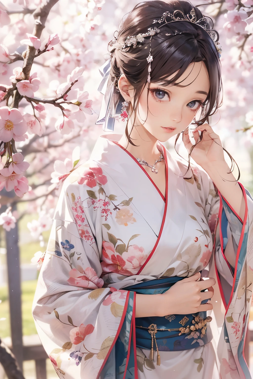 highest quality、masterpiece、Super detailed、ultra high resolution、slender、medium bust、(whole body:1.2)、High definition background、realistic eyes、blurred background、(very detailed face and eyes、beautiful face、super detailed skin、Fine skin texture:1.3)、Japan veranda、shoji、Spring landscape、