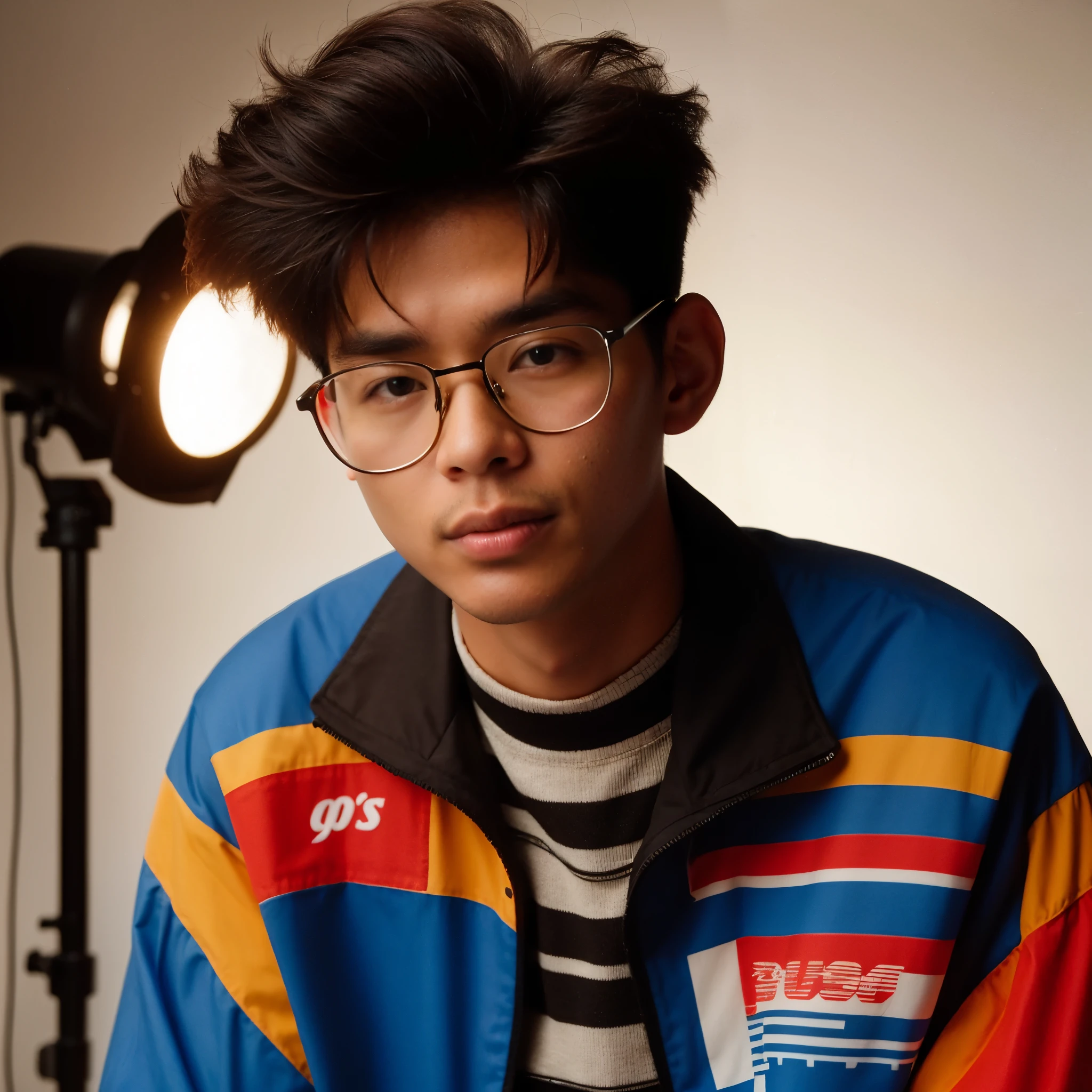 A 20-year-old Indonesian man with comma hair, wearing glasses, dressed in 90s-style clothing, resembling a model, sits on a long chair while smoking a cigarette. The background is black, captured in a realistic photography style in a photo studio.