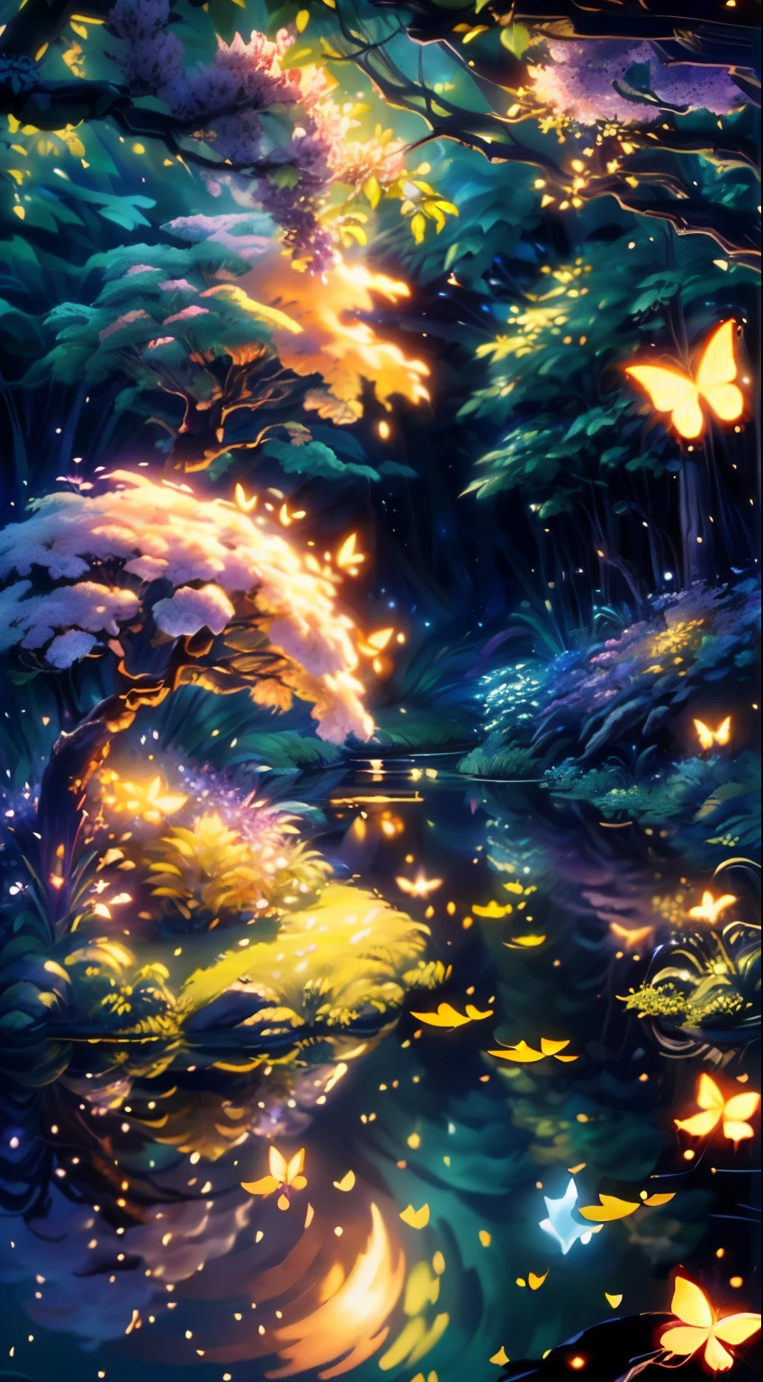 A masterpiece, the best quality, stunning reflections, the best reflections ever. (very detailed CG unity 8k wallpapers), (best quality), (best illustrations), (best shadows), forest theme with natural elements. Tall trees, quiet streams, small glowing mushrooms surrounded by delicate leaves and branches, with fireflies and glowing particle effects,, (natural elements), (jungle theme), (leaves), (twigs), (fireflies), butterflies, (delicate leaves), (glow), (particle effects). , Isometric 3D, Octane Rendering, Ray Traced, Super Detailed