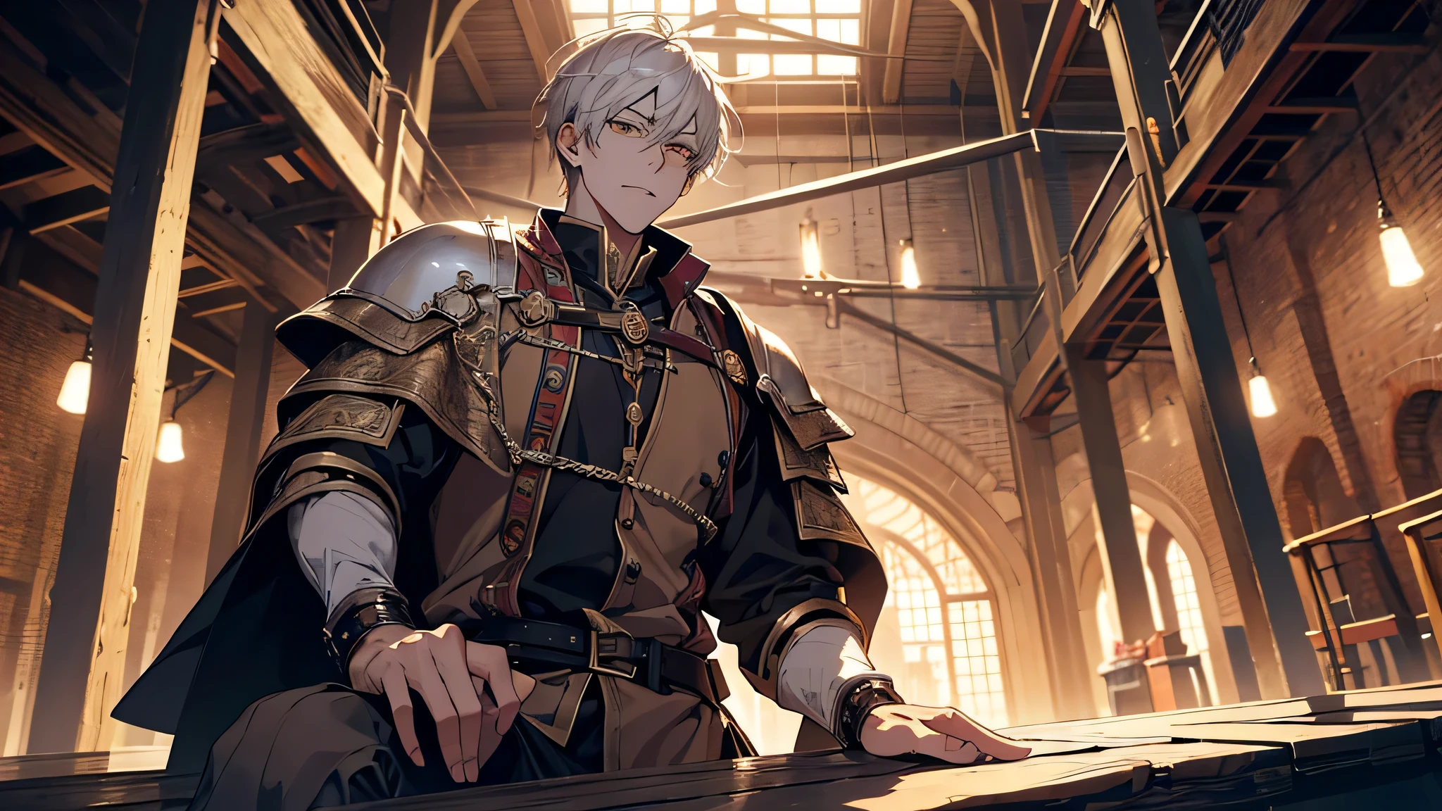 (1 Adult male),A high resolution, Sharp focus, Pixiv masterpiece, ((Complicated details)), highly detailed, 1 man, with her mouth open,full bodyesbian,sit astride, yellow eyes(eyes glowing), white short hair,medieval times, warehouse castle