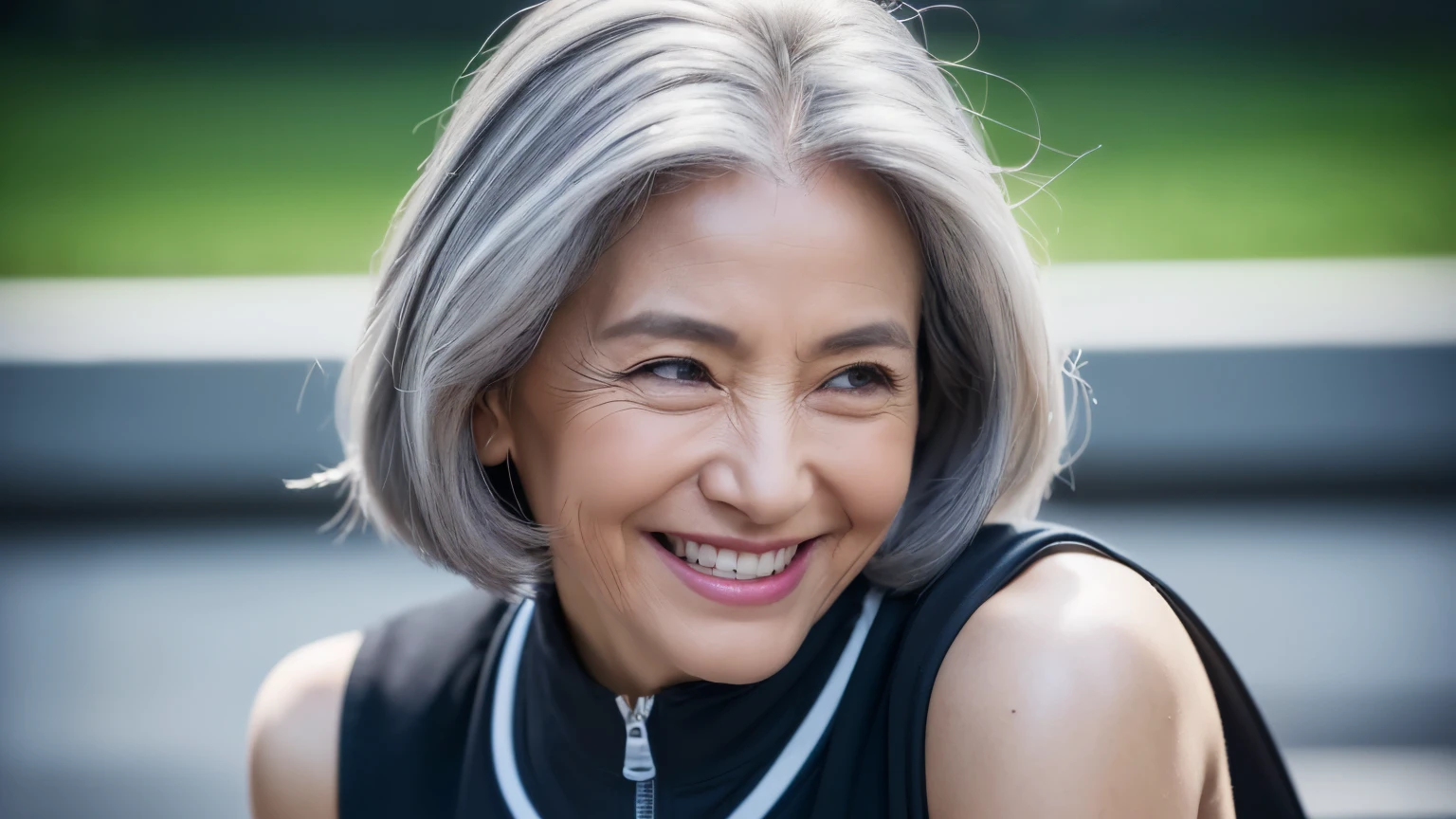 (((A 60-year-old woman))),(((Real lighting,True picture quality,Real skin texture,,best quality, 8K,Vision, masterpiece:1.3)), (((gray hair),Lush hair)),(((There are many wrinkles on the face,Wrinkles have obvious details))),(((black eyes,Smile))),(Blue sleeveless tracksuit,running),The face is very delicate,Super thin face,The face is very classy,double eyelids,Too much hair,Well-proportioned,Long pants,playground,muscline,abdomen