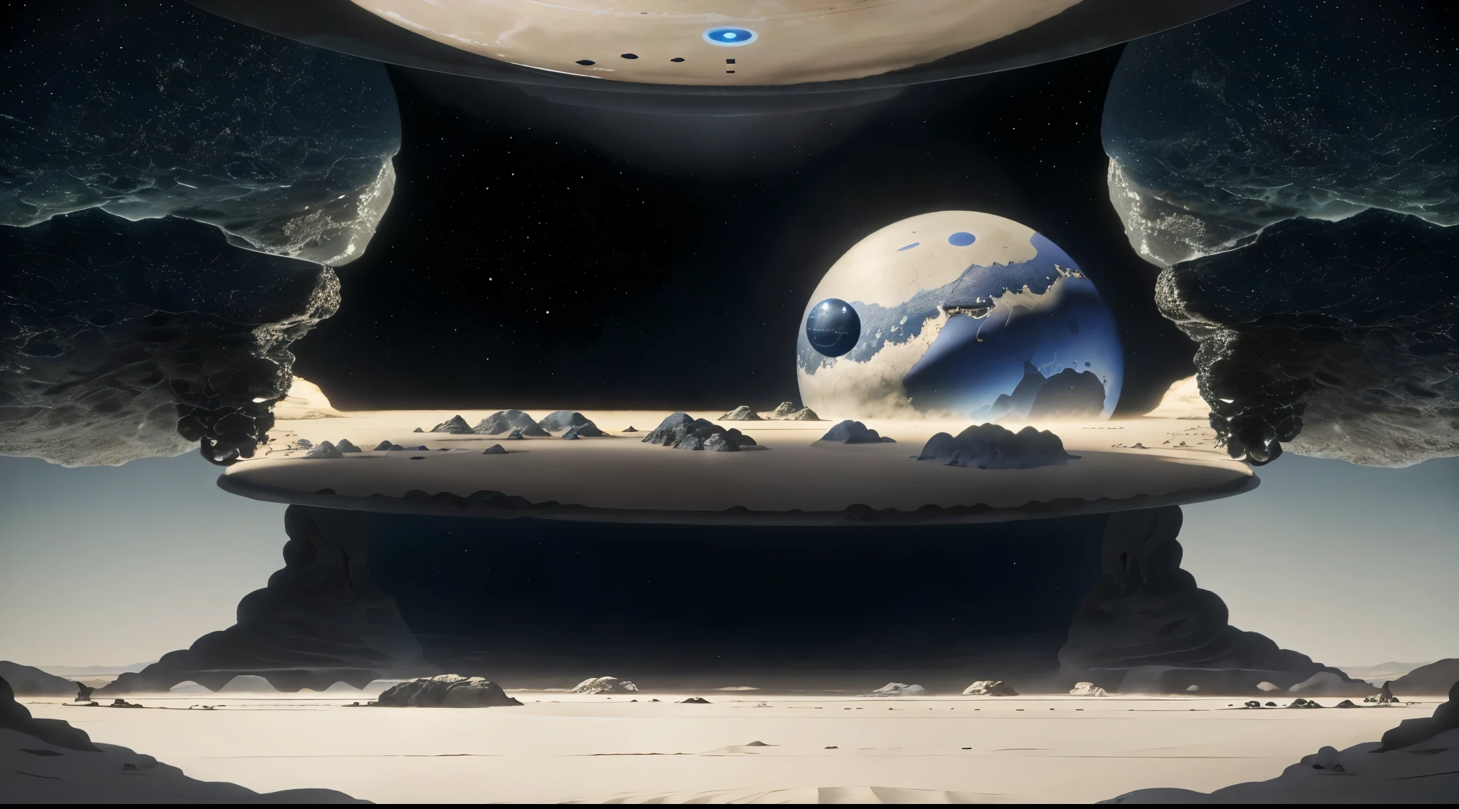 Space ship standing in an Alien Planet, starry night sky, multiple moons.