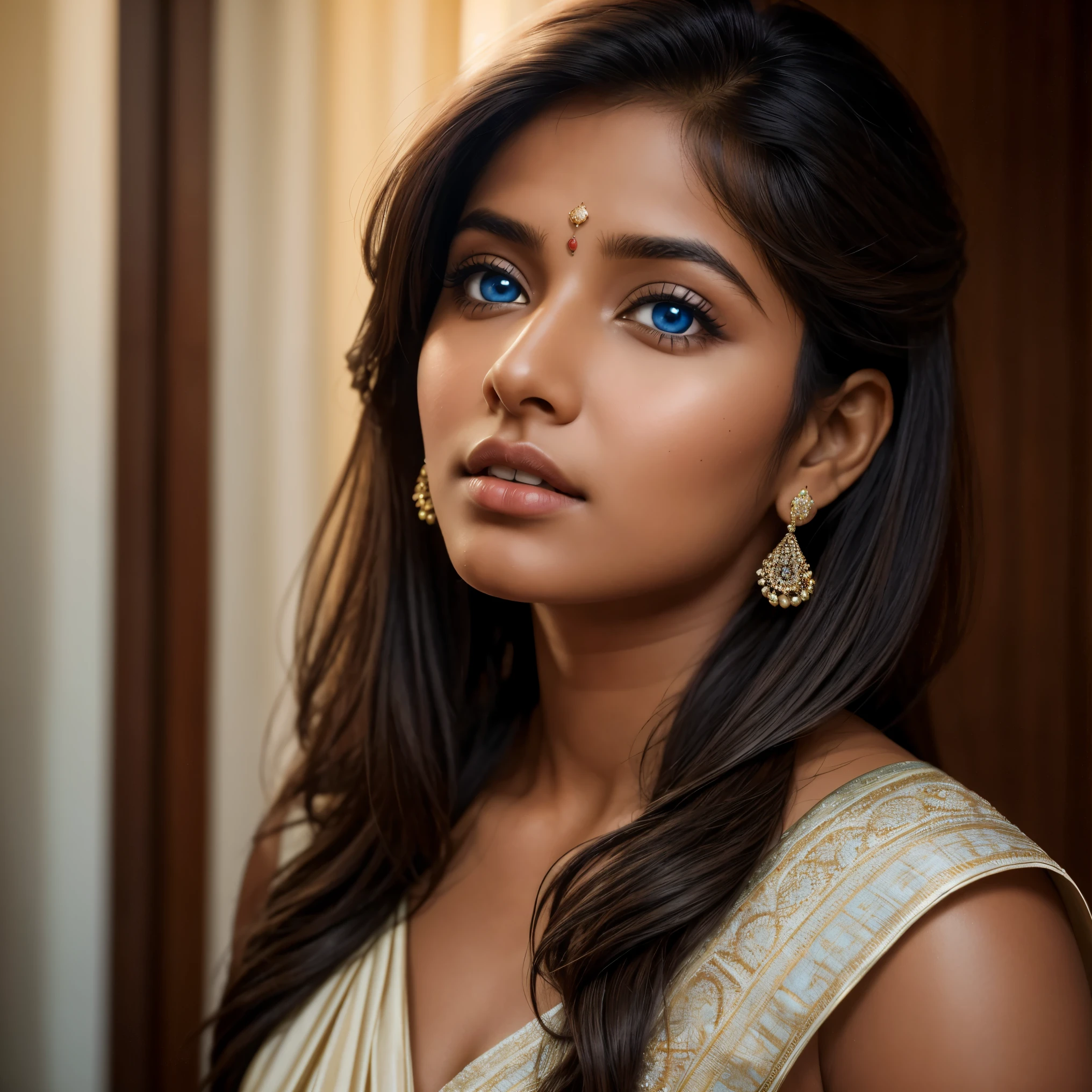 Masterpiece, a South Indian beauty, age 23, ((Sridevi:Revathy:0.5)), sexually appealing, sparkling blue eyes, brown hair cascading down to her shoulders, looking directly at the camera with a captivating expression, ultra-high definition, (10k resolution), realistically rendered, film grain: 0.8, warm hue, high contrast, Canon EOS R5, close-up shot, rim light, backlight, natural sunlight, skin texture: 1.4, detailed pores and textures.