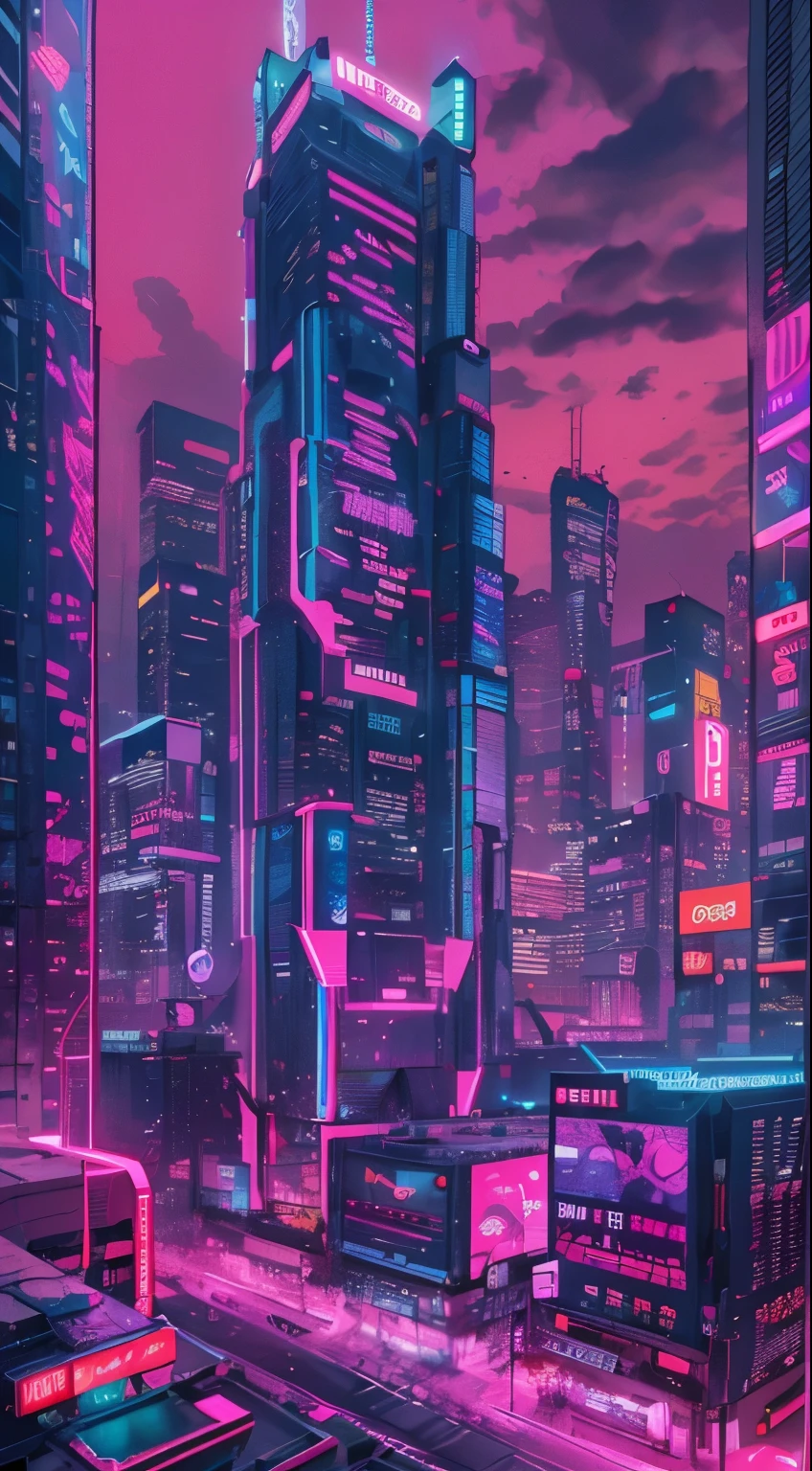 masterpiece, highest quality, The pink color stands out,Bold colors and patterns, Cyberpunk dazzling cityscape, skyscraper, neon sign, Bright and vivid color scheme, real