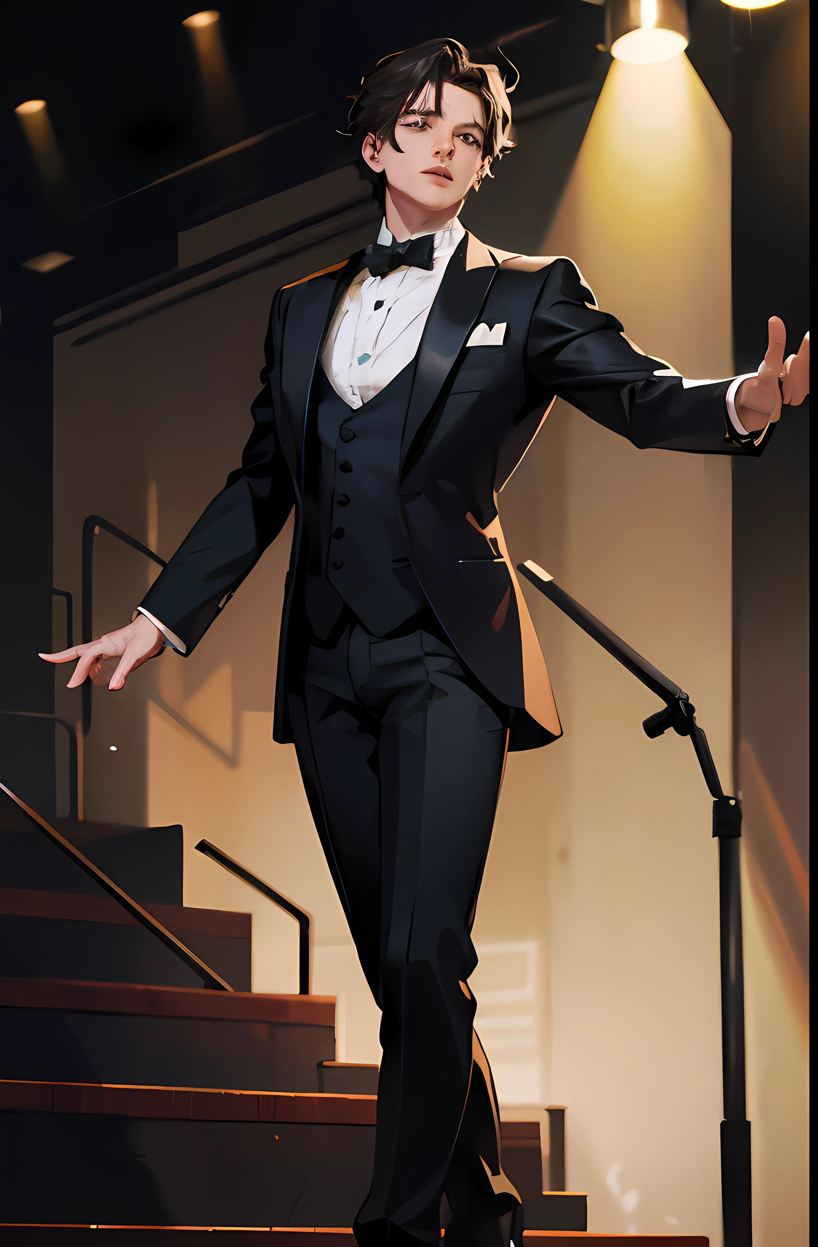 (confused, High resolution, Super detailed, realistic, ), 1 A handsome man wearing a tuxedo, whole body, positive, conductor, concert, Spotlight