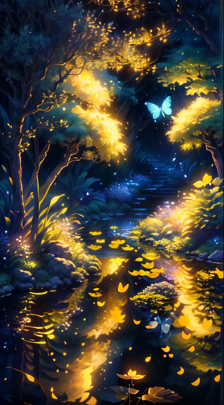 A masterpiece, the best quality, stunning reflections, the best reflections ever. (very detailed CG unity 8k wallpapers), (best quality), (best illustrations), (best shadows), forest theme with natural elements. Tall trees, quiet streams, small glowing mushrooms surrounded by delicate leaves and branches, with fireflies and glowing particle effects,, (natural elements), (jungle theme), (leaves), (twigs), (fireflies), butterflies, (delicate leaves), (glow), (particle effects). , Isometric 3D, Octane Rendering, Ray Traced, Super Detailed