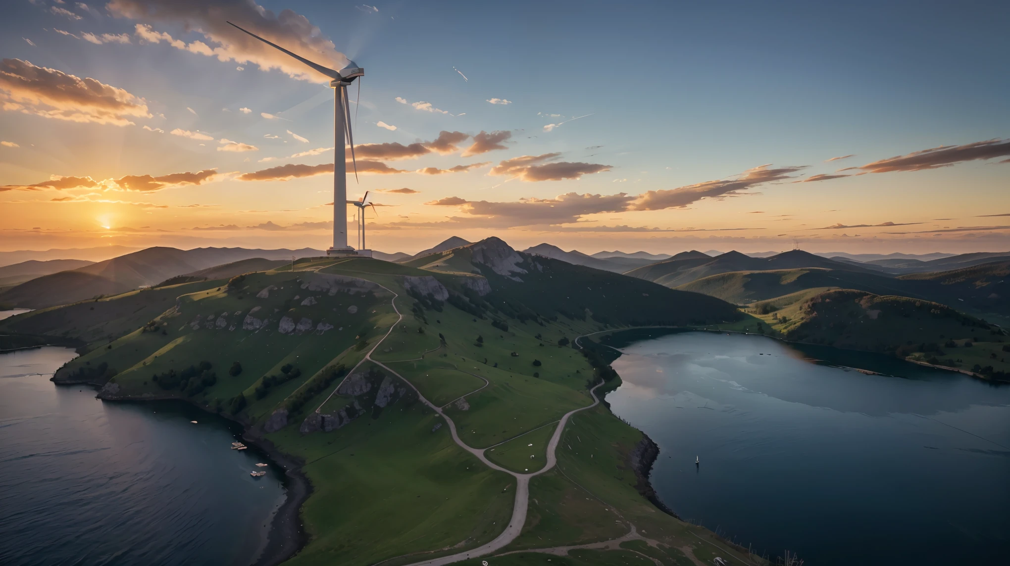 A photorealistic image of a majestic wind turbine standing tall against a vibrant sunset on a mountain landscape, casting long shadows on the calm water