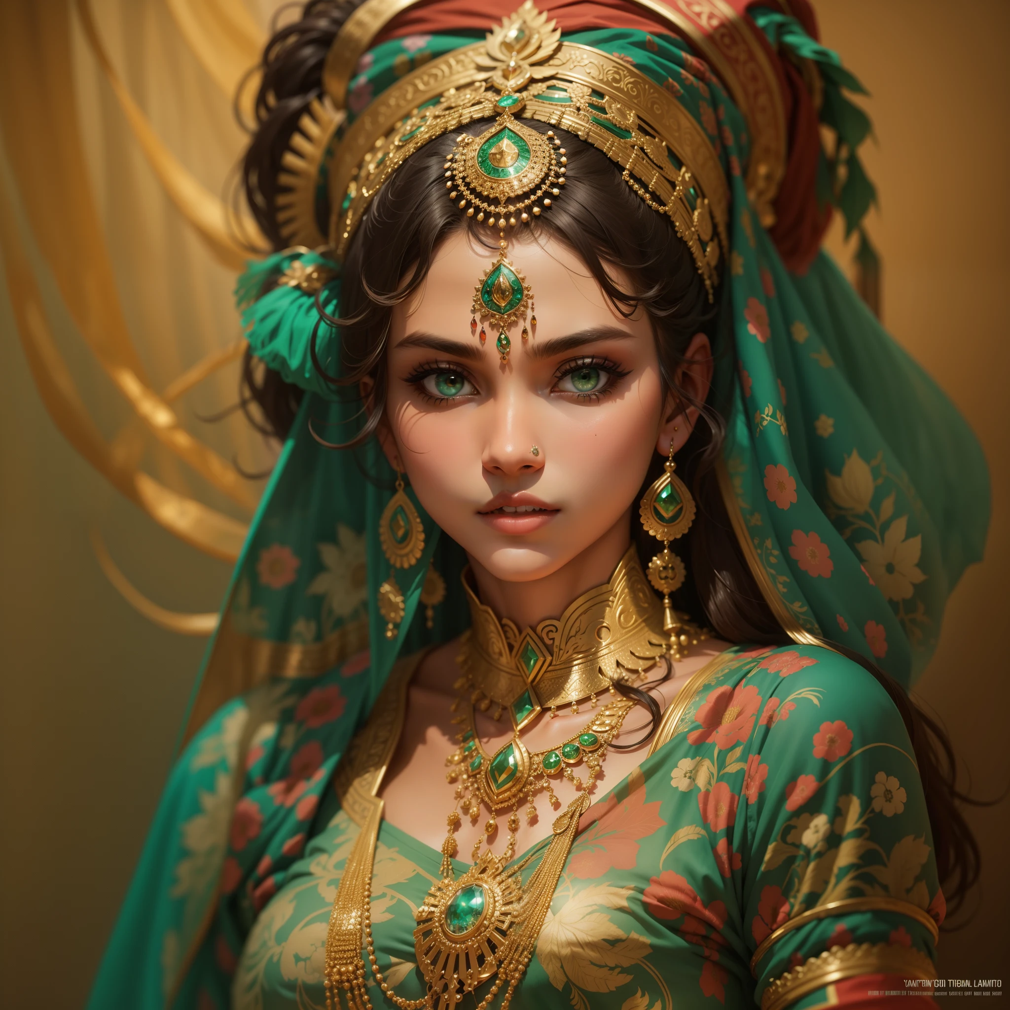 "A stunning Indian beauty with mesmerizing features, with green eyes."