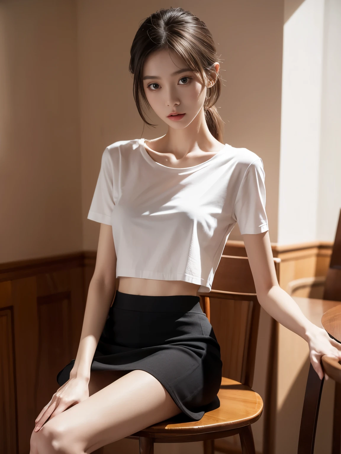 (Photorealistic),(Masterpiece),(ultra-detailed),a very beautiful and extremely thin girl who is literally just skin and bones because of being severely malnourished and looks so fragile and delicate and has big eyes and very small head, can see all her bones,sitting on a chair,she has very small and thin body frame and legs,wearing a crop short sleeved tshirt and loose skirt