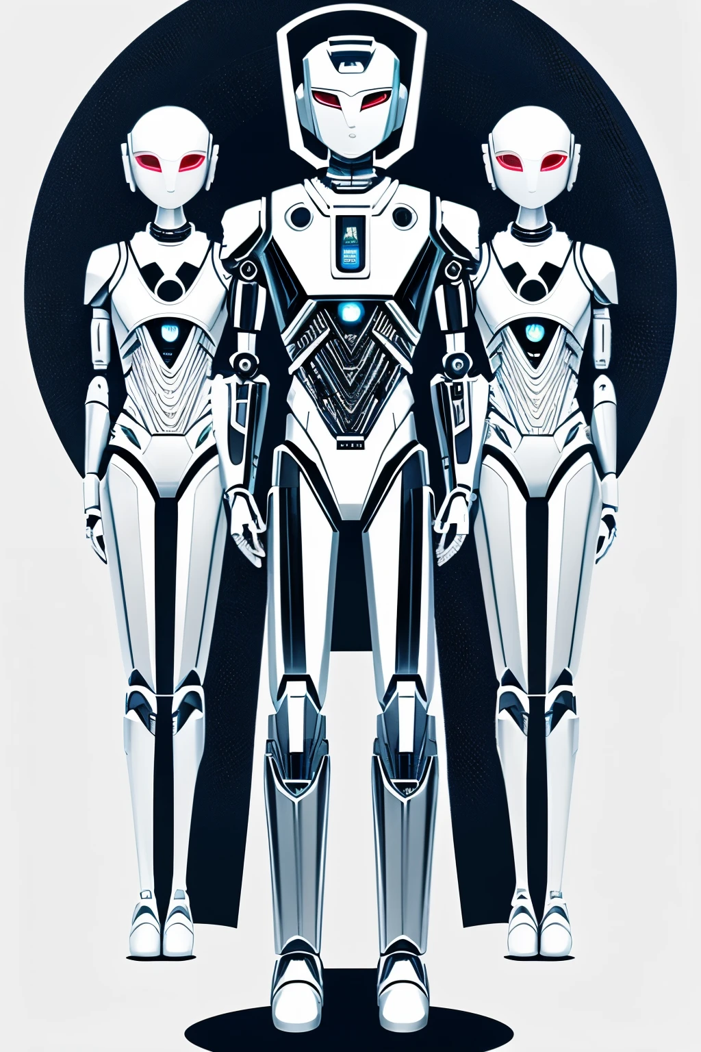 An illustration of robot judges, each with intricately designed heads and expressive eyes, adorned in formal robes, standing sternly against a pristine white background. Their metallic bodies reflecting the soft light, creating subtle highlights and shadows. The overall composition follows a 3:4 ratio, reminiscent of the distinctive style of Alona Millgram.