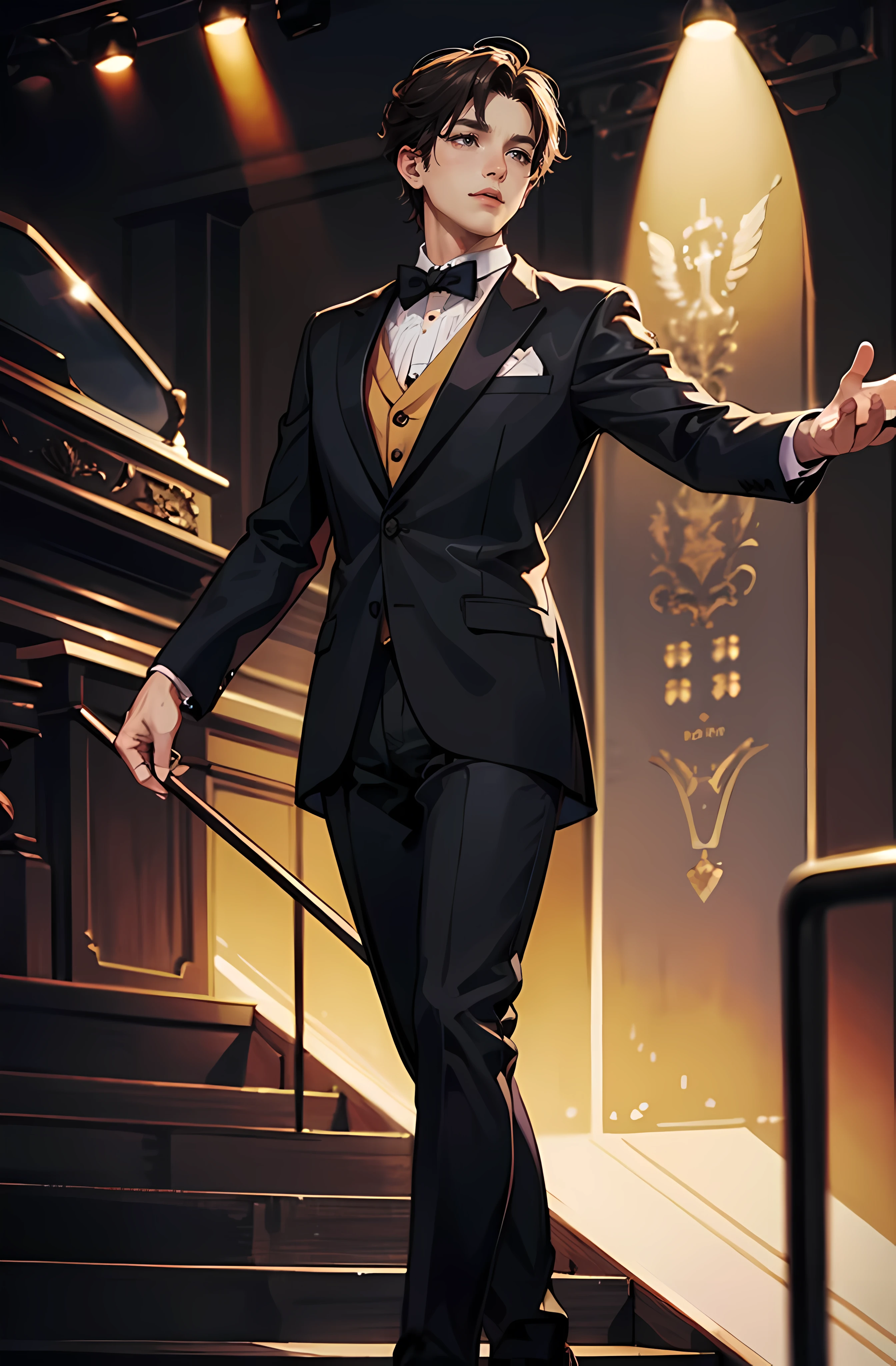 (confused, High resolution, Super detailed, realistic, ), 1 A handsome man wearing a tuxedo, whole body, positive, conductor, concert, Spotlight