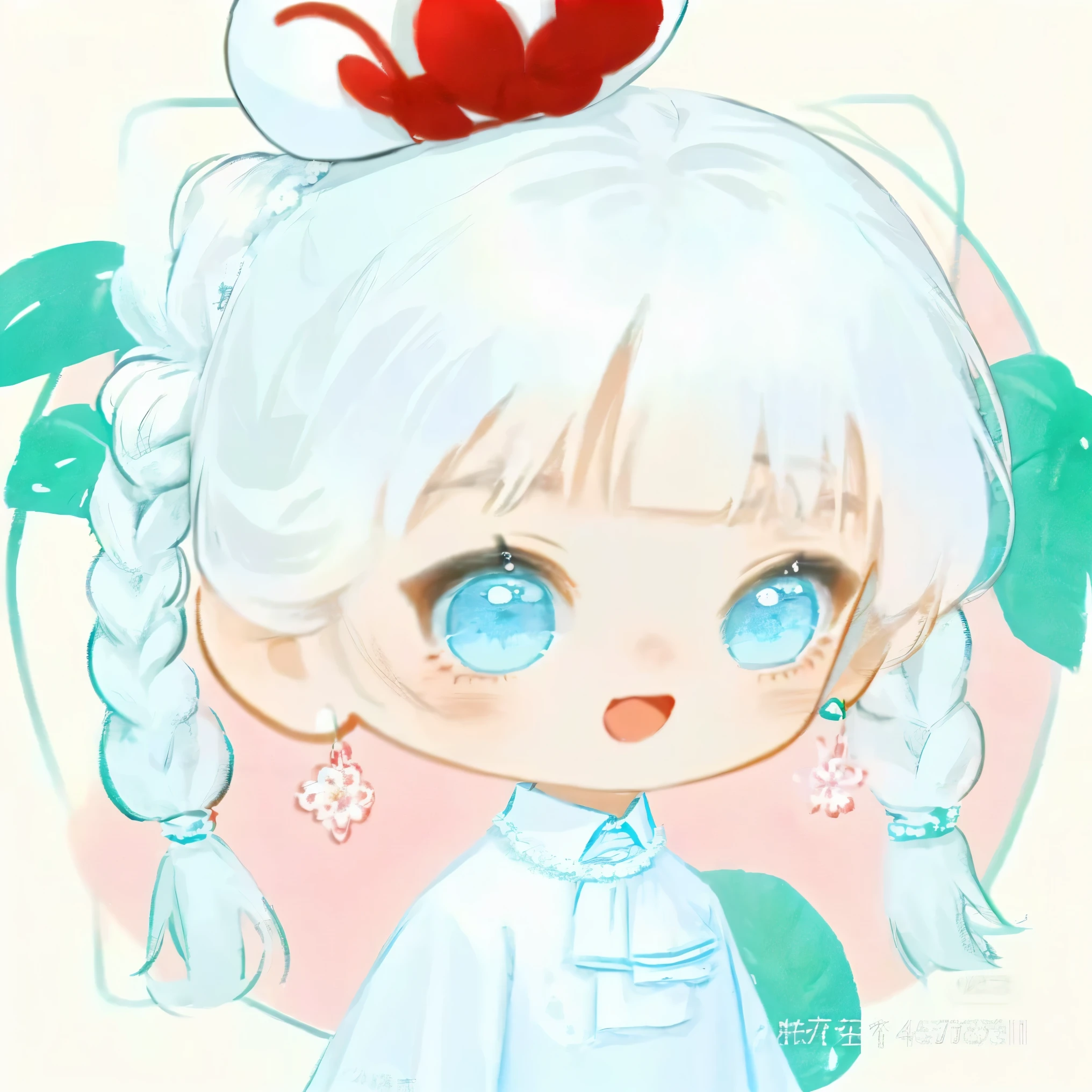 WW_Q,chibi,, 1girl, :d, bangs, blush, braid, floral print, flower, hair flower, hair ornament, long sleeves, looking at viewer, open mouth, simple background, smile, solo, twin braids, upper body, white background, white flower, long hair, blue eyes, skirt, shirt, hat, holding, twintails, jewelry, white shirt, white hair, cowboy shot, earrings, puffy sleeves, collared shirt, artist name, signature, necklace, aqua eyes, leaf, blush stickers, own hands together, plant, red headwear, puffy long sleeves, no nose, limited palette, color guide , black outline