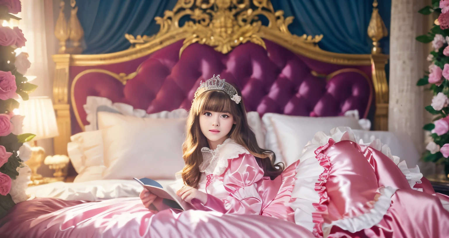 ,highest quality, masterpiece, highest resolution, artwork, super それにget used to it, many get used to it, get used to it, それにget used to it, 3K realistic photos,,(( When I was 10 years old)),Super detailed baby face,She is a princess,Full length ball gown dress with hoop skirt,ruffled yoke collar,puff sleeves,long sleeve,((Lolita style hot pink detailed princess satin dress、Comes with lots of frills and ribbons。)),colorful rococo fashion,shiny satin dress,Soft and smooth fabric,luxury,long blonde hair,blue eyes,white skin european,pajamas,((inside the palace)),,,(( When I was 10 years old)),Super detailed baby face,Full length ball gown dress with hoop skirt,long skirt,ruffled yoke collar,puff sleeves,腰まで伸びるlong blonde hair,blue eyes,white skin european,pajamas,((inside the palace bedroom)),ピンクのシルクサテンのluxuryなcanopy bedの上,canopy bed,luxurious curtains under the canopy,many frilly pillows on the bed,super detailed background,Detailed bed,romantic atmosphere,A little princess is lying on the bed,Reading a picture book,the dress is spread all over the bed,Soft pink silk satin comforter,