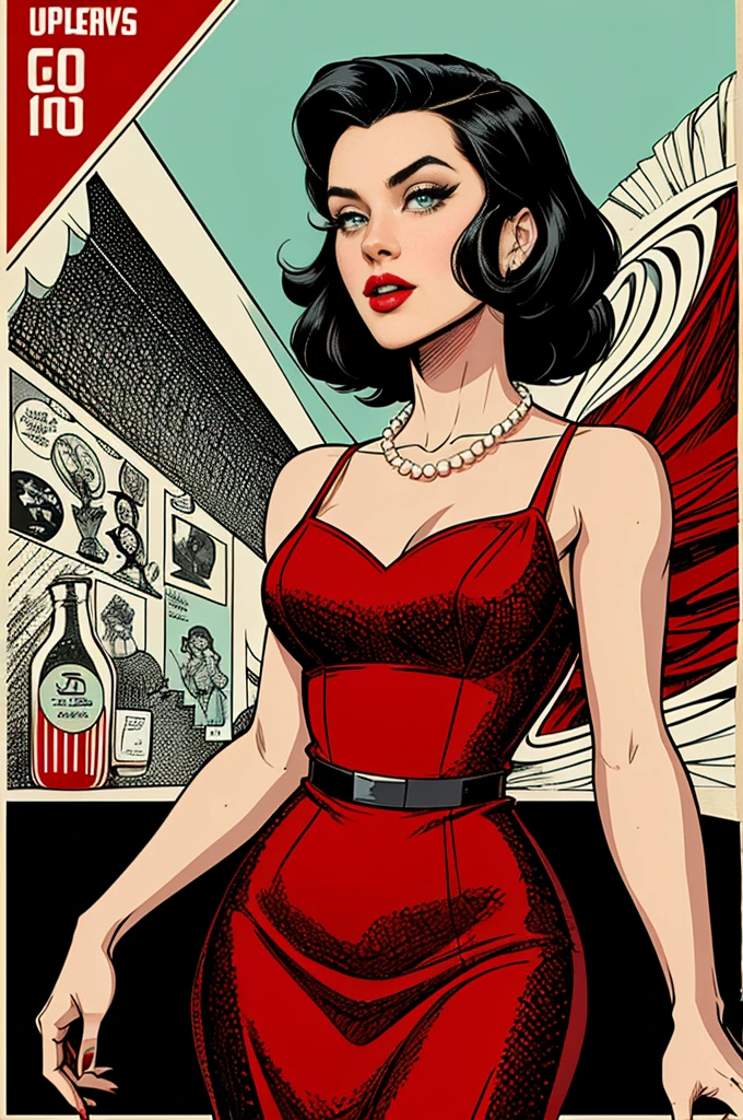 (Masterpiece, Best Quality), 8k Wallpaper, highly detailed, poster, vintage spy film, 1960s, sexy female rental killer, short black hair, cinematic movie poster, Bauhaus, shapes, lines, abstract, propaganda, mid century modern, movie poster, vintage, Lady Killer by Joelle Jones