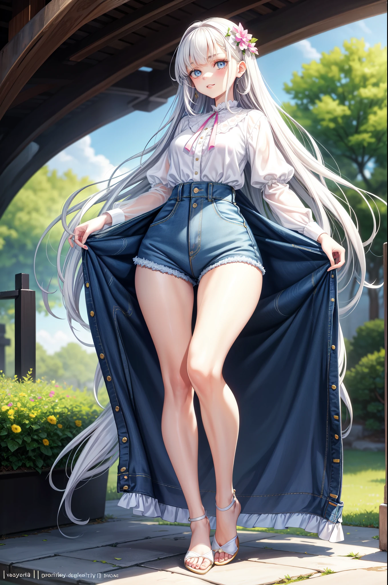 ((best quality, masterpiece:1.3, 8K)), (detailed), highly detailed face and skin texture, detailed eyes, downtown, full body, slender body, 1girl, 25 years old, white skin, blue eyes, worried, embarrassed, long hair, (forehead:0.8), (stylish top:1.2), denim pants, blue jeans, footwear, peeing jeans, peeing pants, pee stain, (wetting herself), desperation,