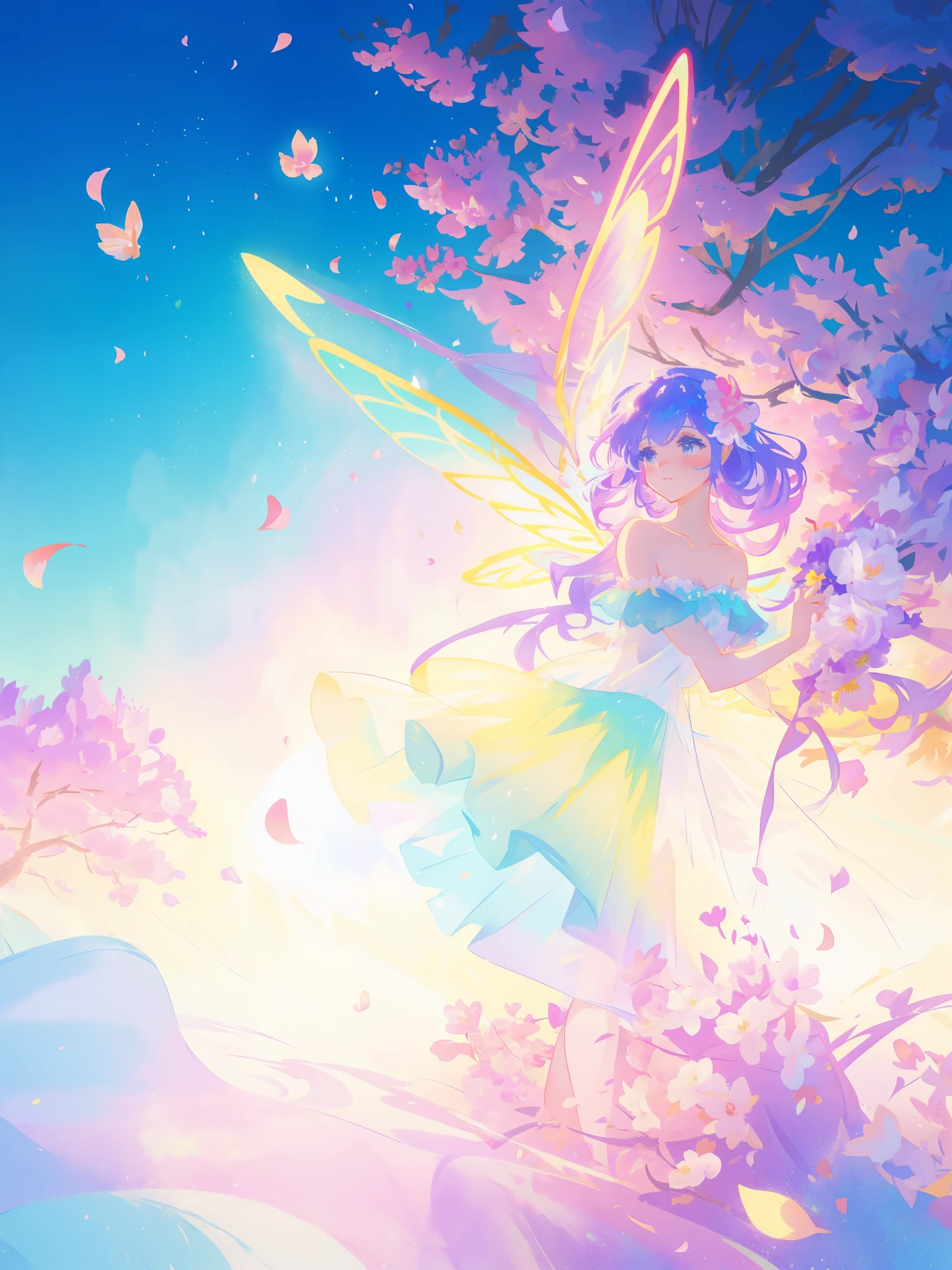 beautiful girl in tiered gradient ballgown dress, gradient colorful dress, ((layered flower petal skirt)), fairy dress, fairy queen, magical fantasia background, (glowing fairy wings), glowing flowing ballgown, long wavy hair, sparkling fairy wings, watercolor illustration, inspired by Glen Keane, inspired by Lois van Baarle, disney art style, jen bartel, beautiful digital illustration, beautiful, masterpiece, best quality, anime disney style