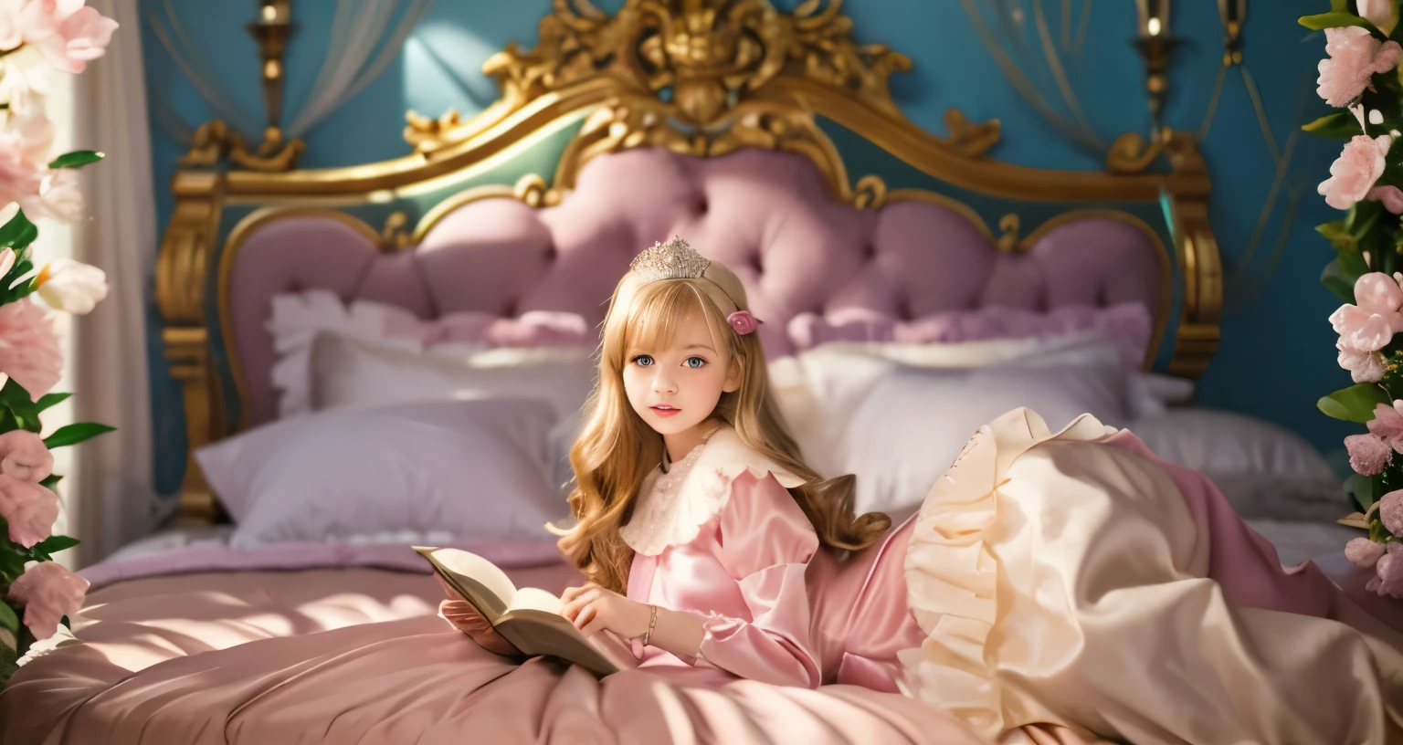 ,highest quality, masterpiece, highest resolution, artwork, super それにget used to it, many get used to it, get used to it, それにget used to it, 3K realistic photos,,(( When I was )),Super detailed baby face,She is a princess,Full length ball gown dress with hoop skirt,ruffled yoke collar,puff sleeves,long sleeve,((Lolita style pink detailed princess satin dress、Comes with lots of frills and ribbons。)),colorful rococo fashion,shiny satin dress,Soft and smooth fabric,luxury,long blonde hair,blue eyes,white skin european,pajamas,((inside the palace)),,,(( When I was 10 years old)),Sd baby face,Full length ball gown dress with hoop skirt,long skirt,ruffled yoke collar,puff sleeves,腰まで伸びるlong blonde hair,blue eyes,white skin european,pajamas,((inside the palace bedroom)),ピンクのシルクサテンのluxuryなcanopy bedの上,canopy bed,luxurious curtains under the canopy,many frilly pillows on the bed,super detailed background,Detailed bed,romantic atmosphere,A little princess is lying on the bed,Reading a picture book,the dress is spread all over the bed,Soft pink silk satin comforter,